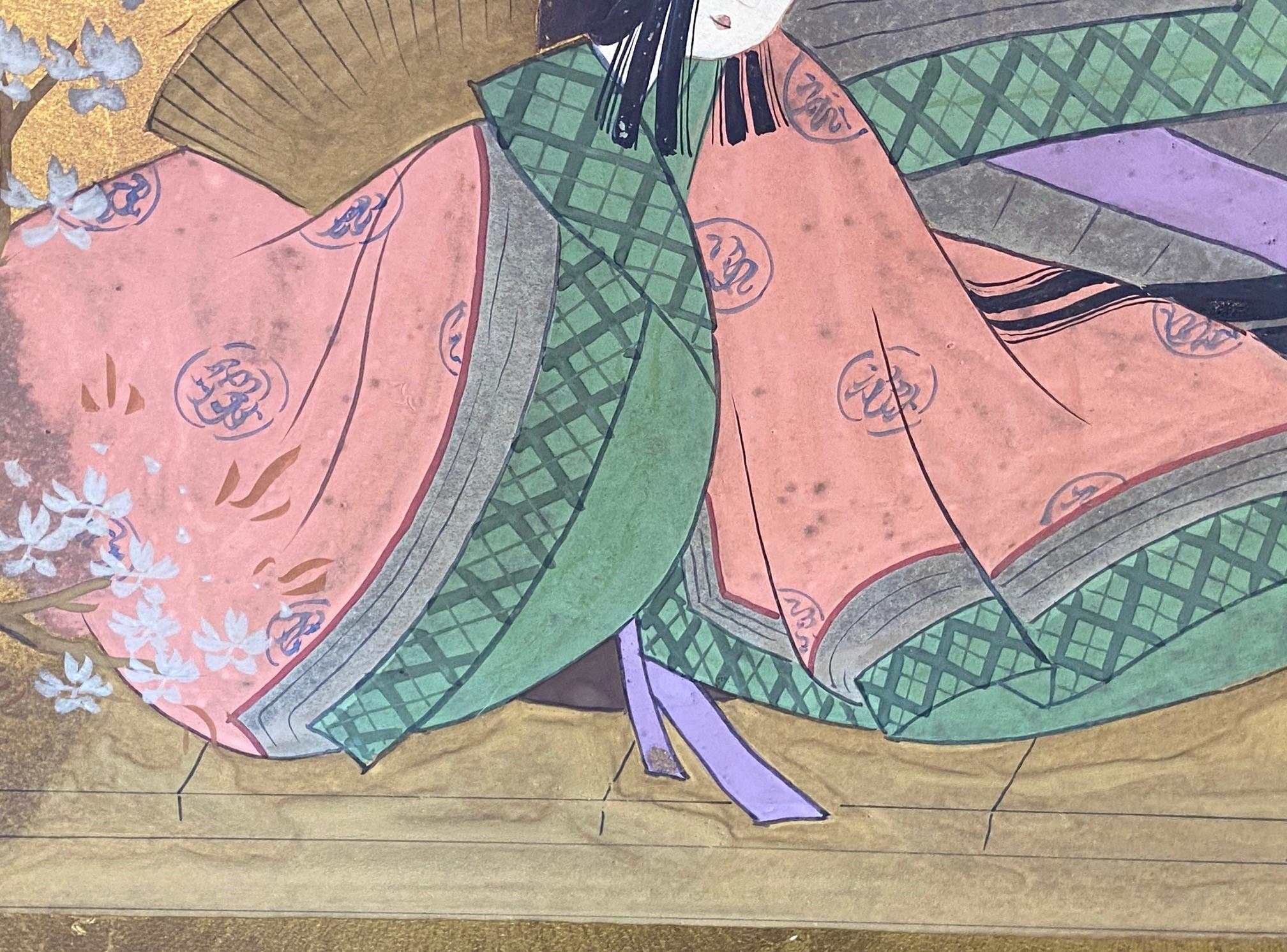 Japanese Asian Signed Four-Panel Folding Byobu Showa Screen Tales of the Genji For Sale 11