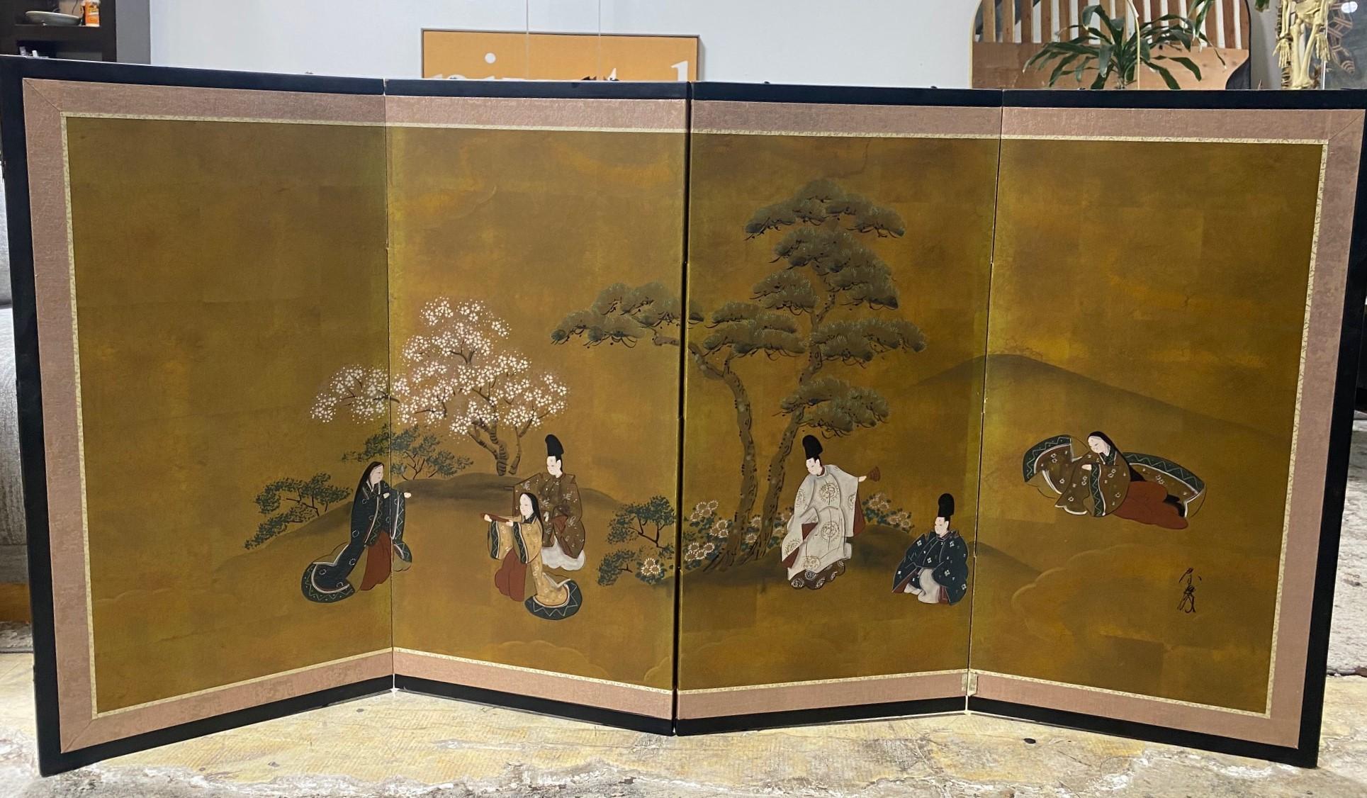 Biombo japonés asiático firmado Byobu Showa de cuatro paneles plegables Cuentos del Genji en venta 12