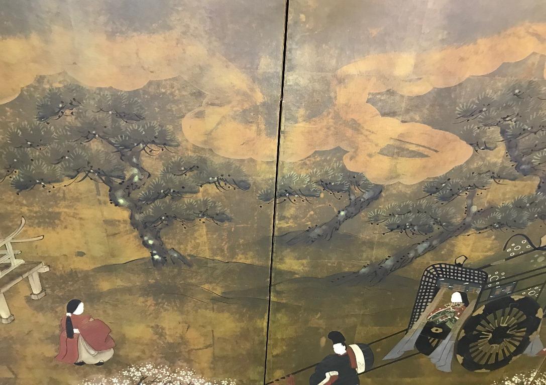 A gorgeous four-panel Japanese Byobu folding screen depicting scenes from the Classic Japanese narrative 