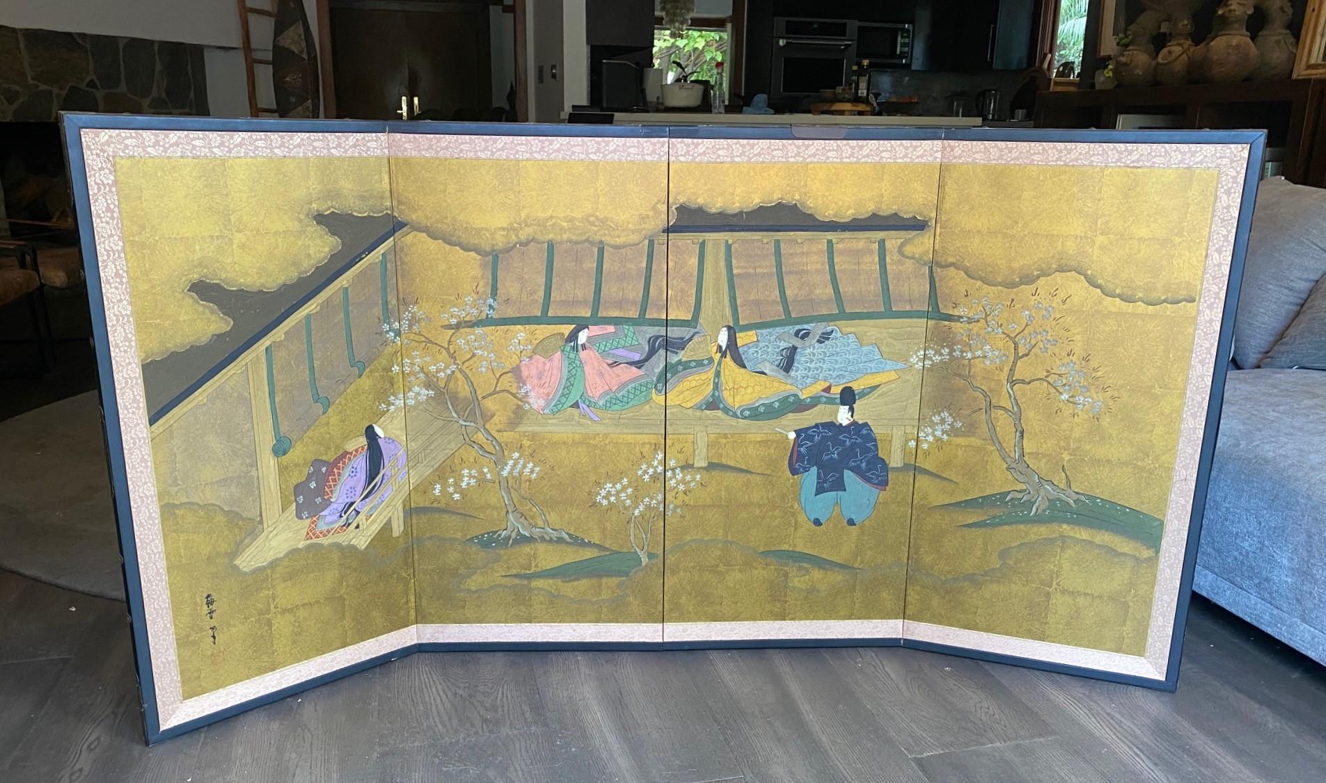 A gorgeous four-panel Japanese Byobu folding screen depicting a scene from the Classic Japanese narrative 