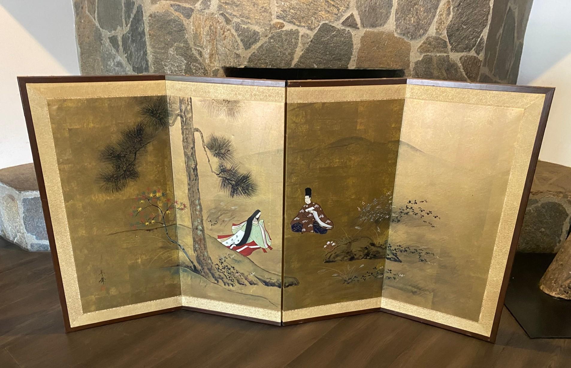 A gorgeous four-panel Japanese Byobu folding screen depicting a landscape scene from the classic Japanese narrative 