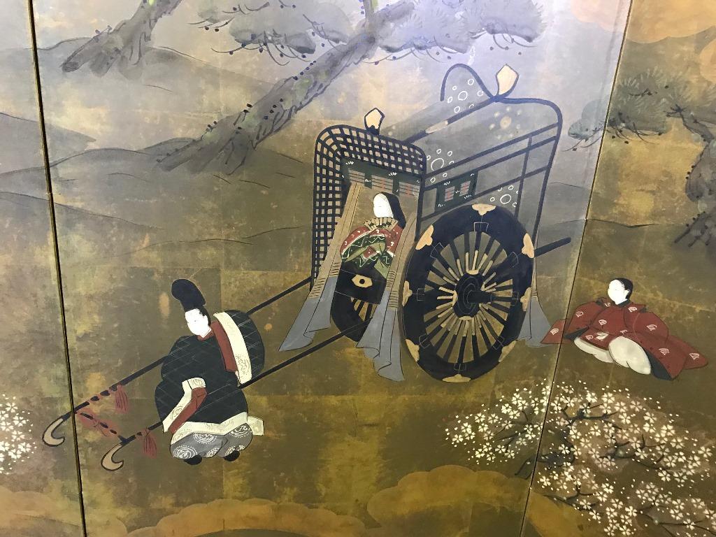 Hand-Painted Japanese Asian Signed Four-Panel Folding Byobu Showa Screen Tales of the Genji