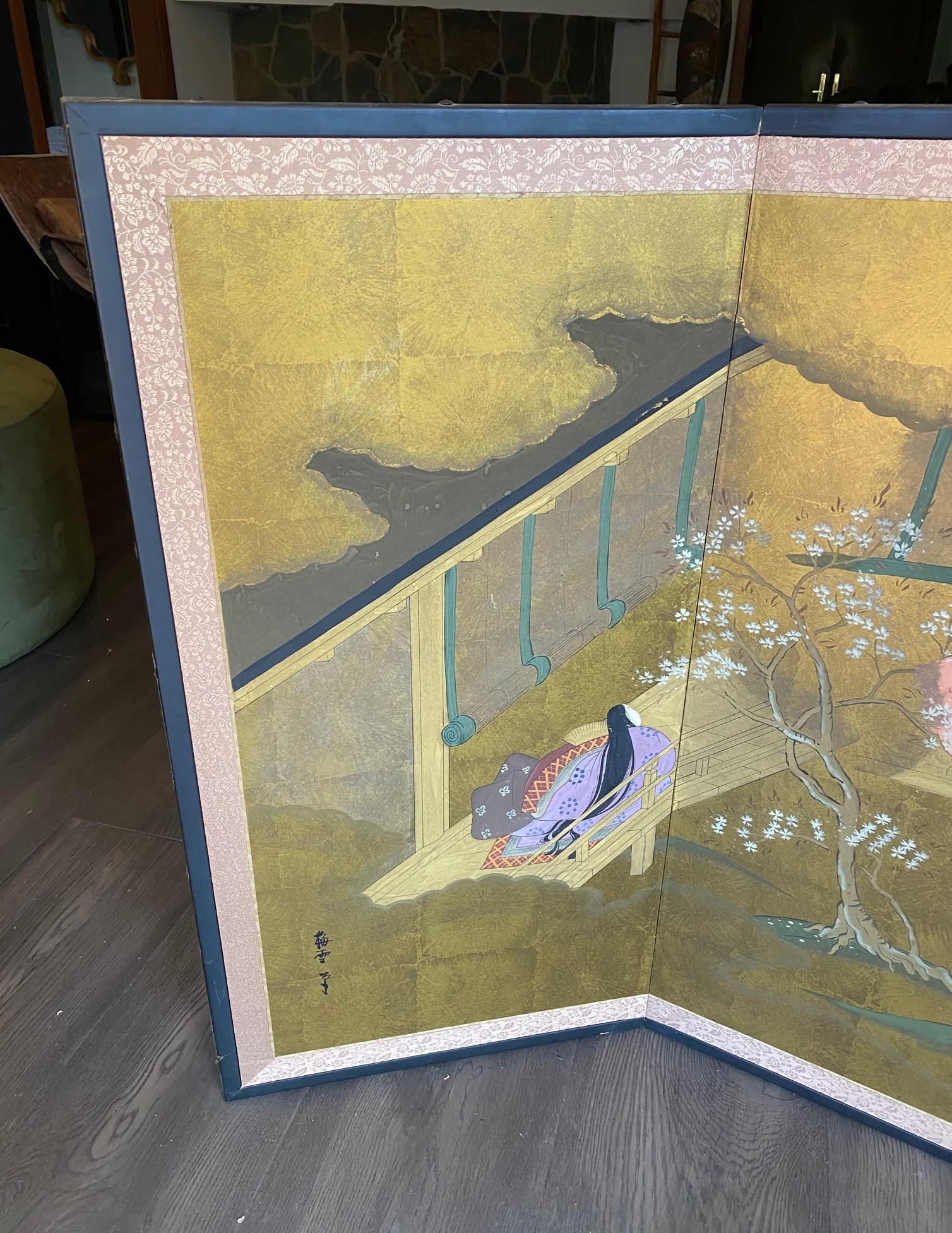 Hand-Crafted Japanese Asian Signed Four-Panel Folding Byobu Showa Screen Tales of the Genji For Sale