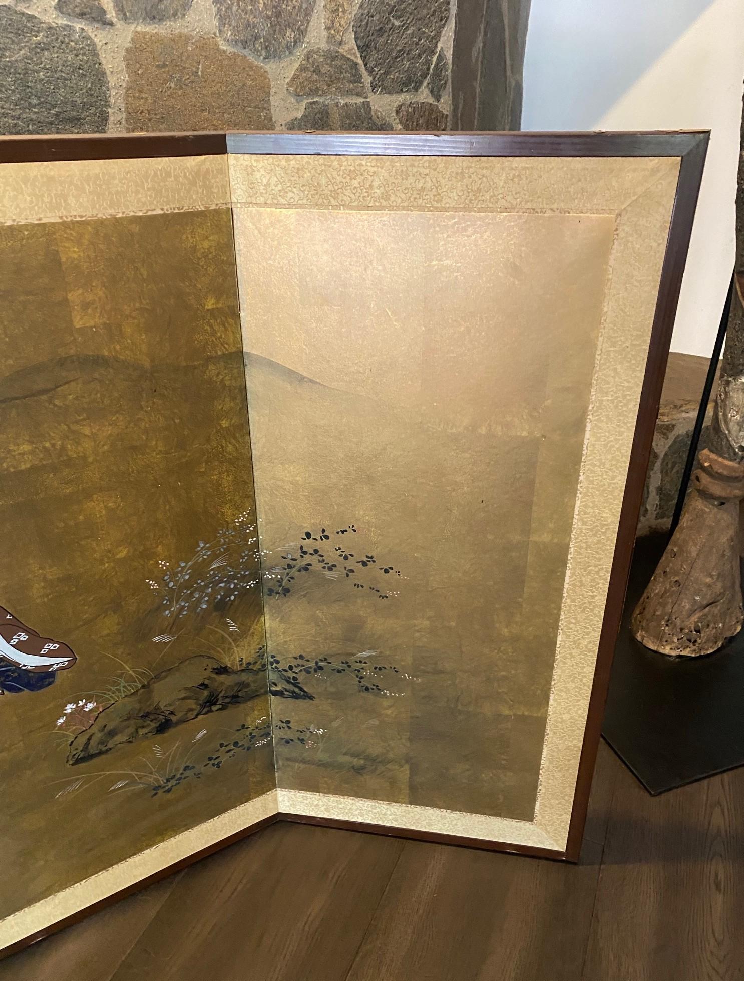 Giapponese Japanese Asian Signed Four-Panel Folding Byobu Showa Screen Tales of the Genji in vendita