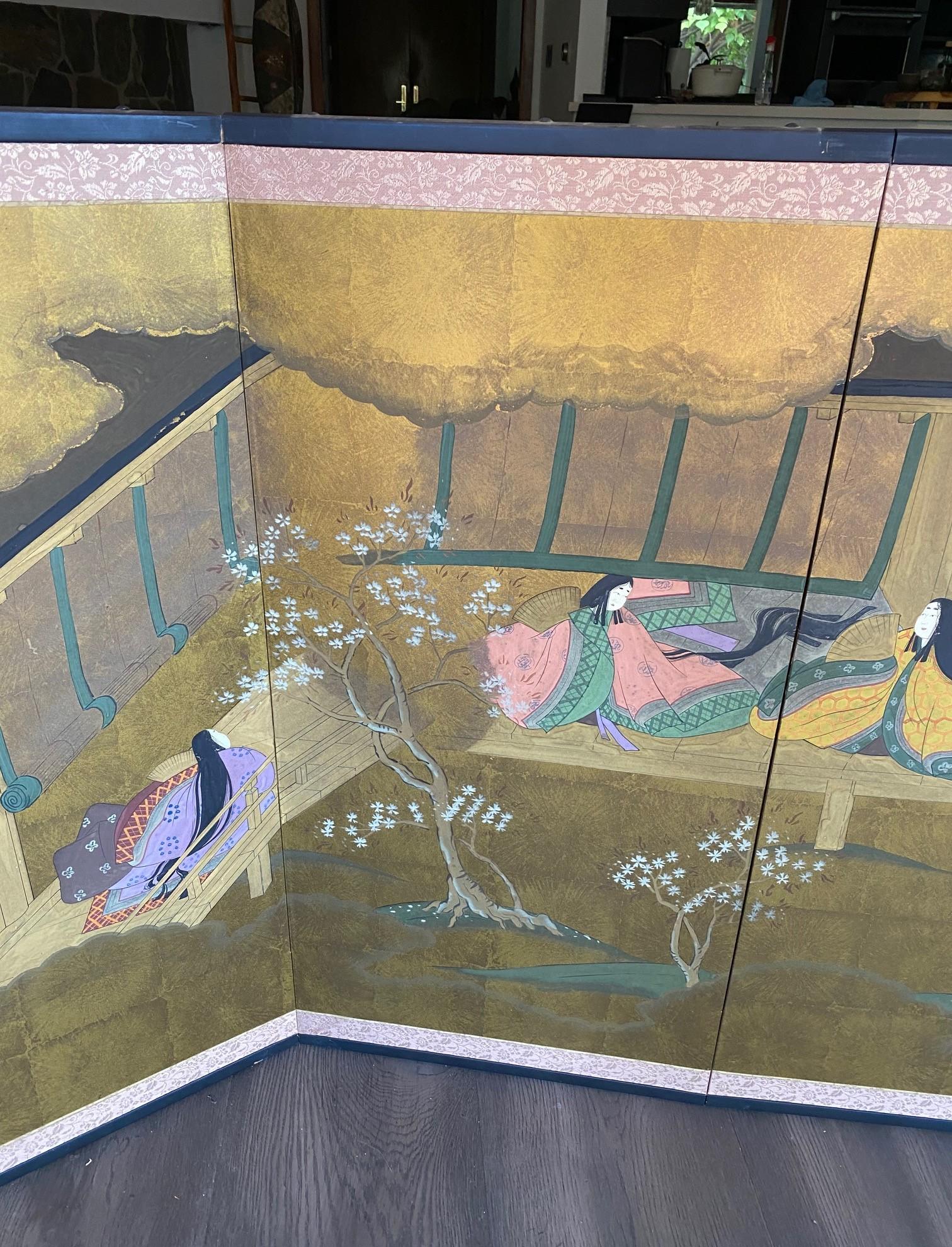 Japanese Asian Signed Four-Panel Folding Byobu Showa Screen Tales of the Genji In Good Condition For Sale In Studio City, CA