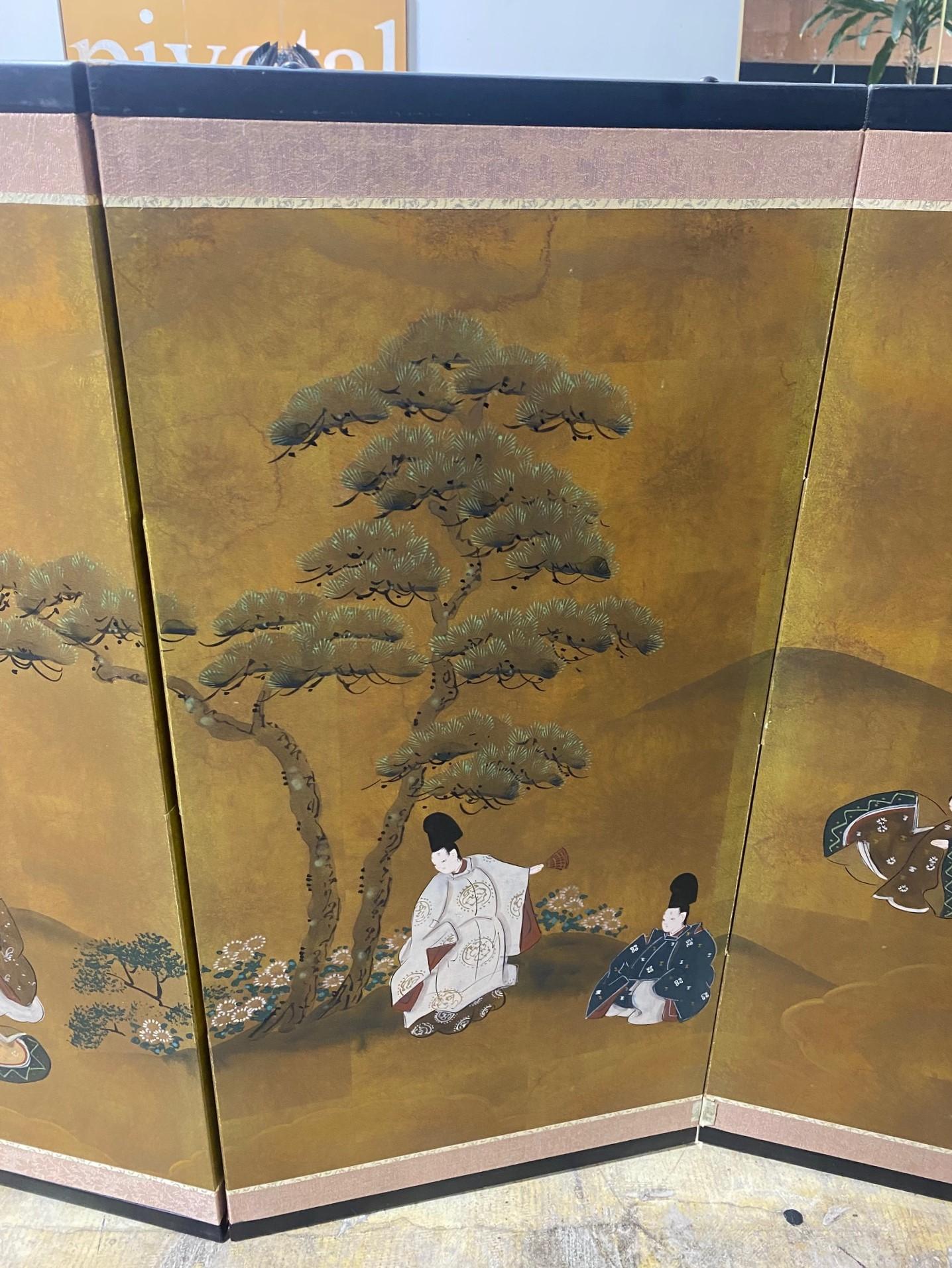 Biombo japonés asiático firmado Byobu Showa de cuatro paneles plegables Cuentos del Genji en Bueno estado para la venta en Studio City, CA