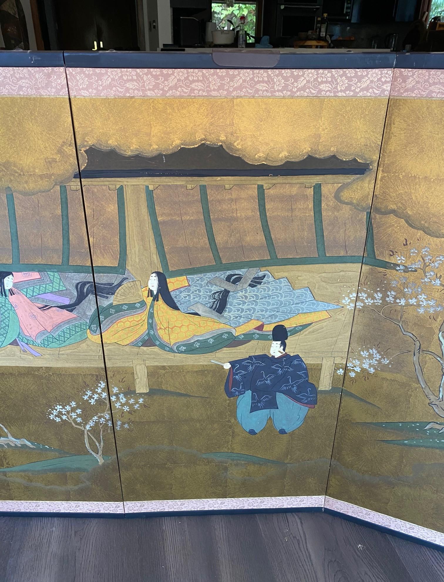 20th Century Japanese Asian Signed Four-Panel Folding Byobu Showa Screen Tales of the Genji For Sale