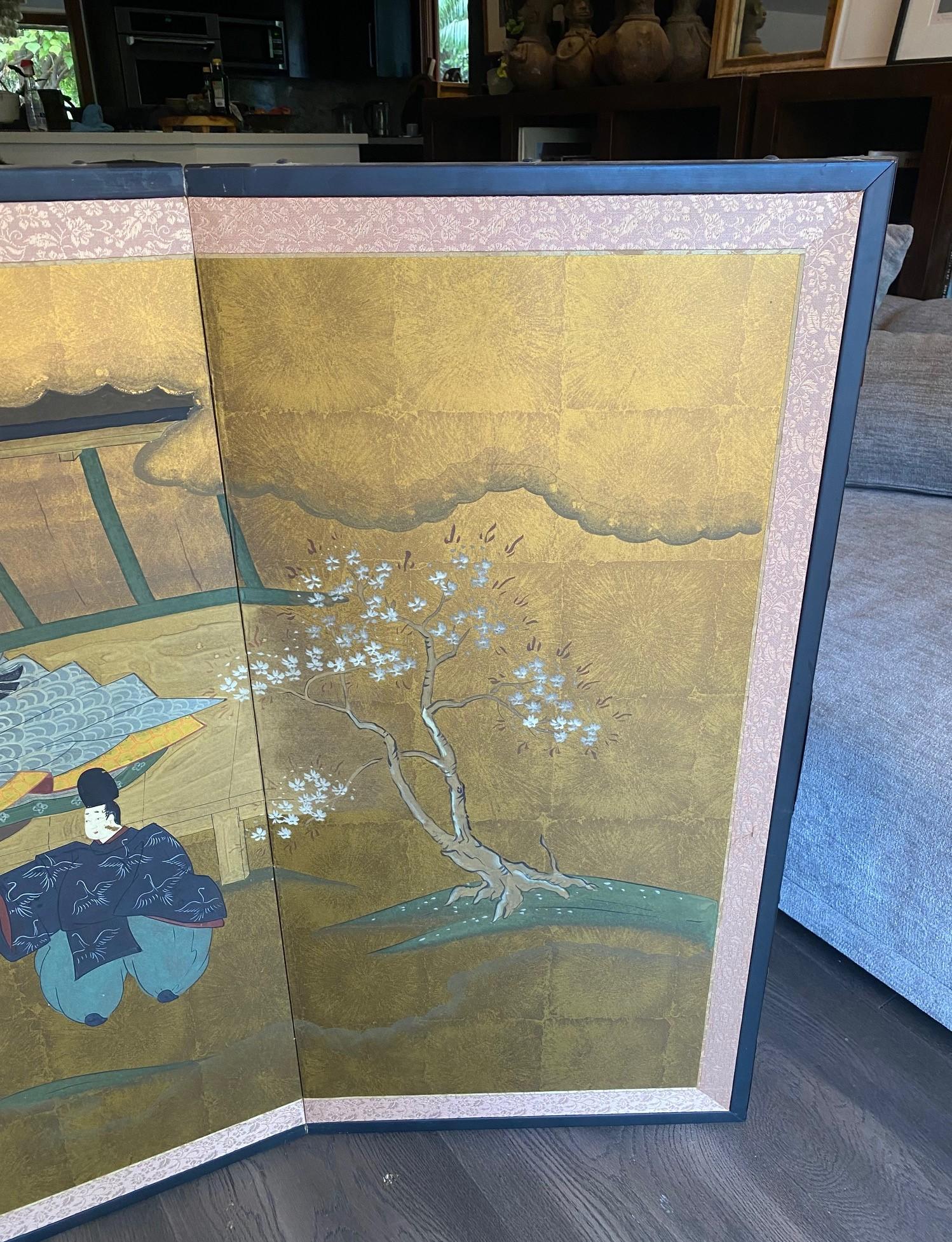 Gold Leaf Japanese Asian Signed Four-Panel Folding Byobu Showa Screen Tales of the Genji For Sale
