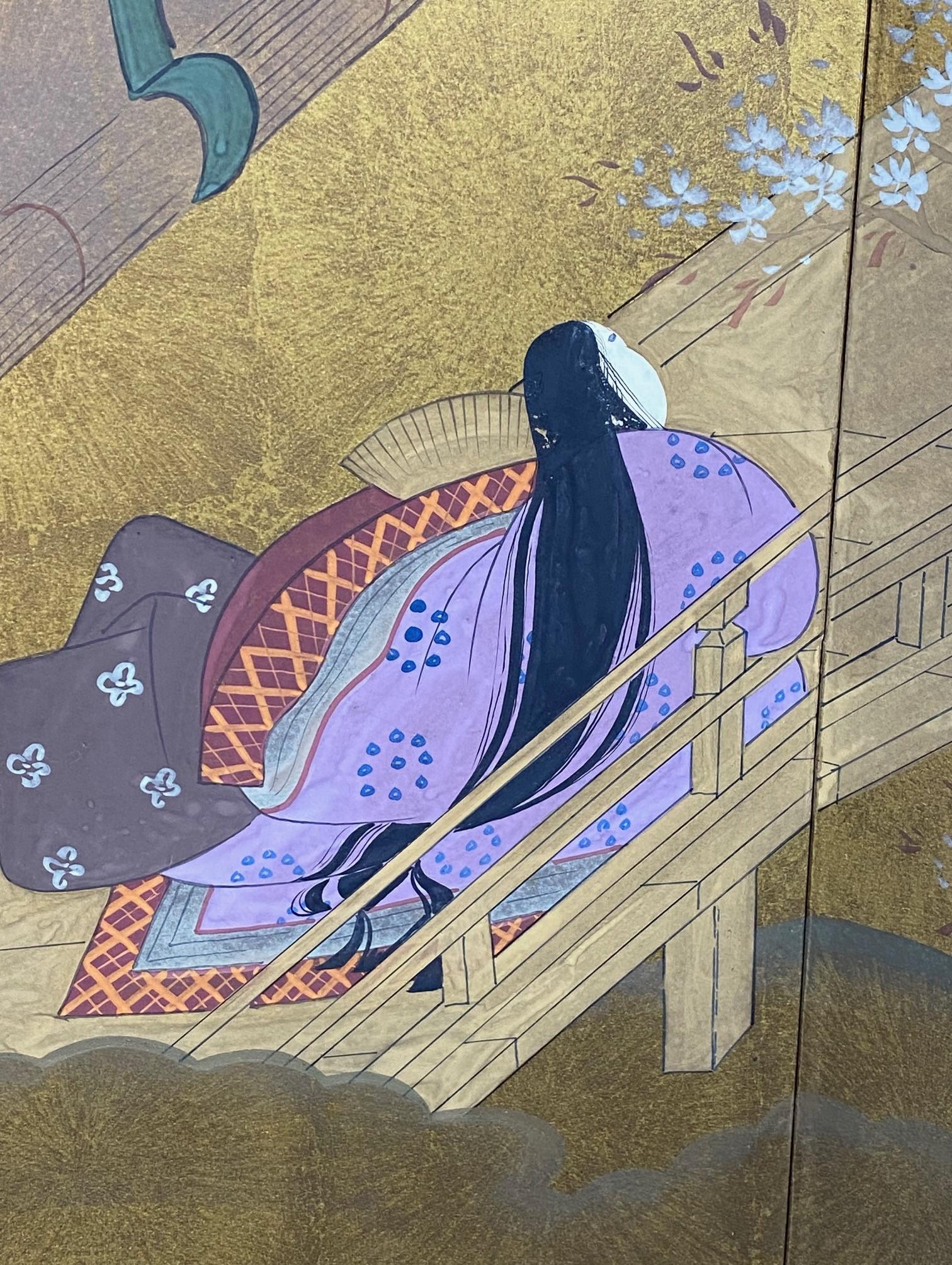 Japanese Asian Signed Four-Panel Folding Byobu Showa Screen Tales of the Genji For Sale 1