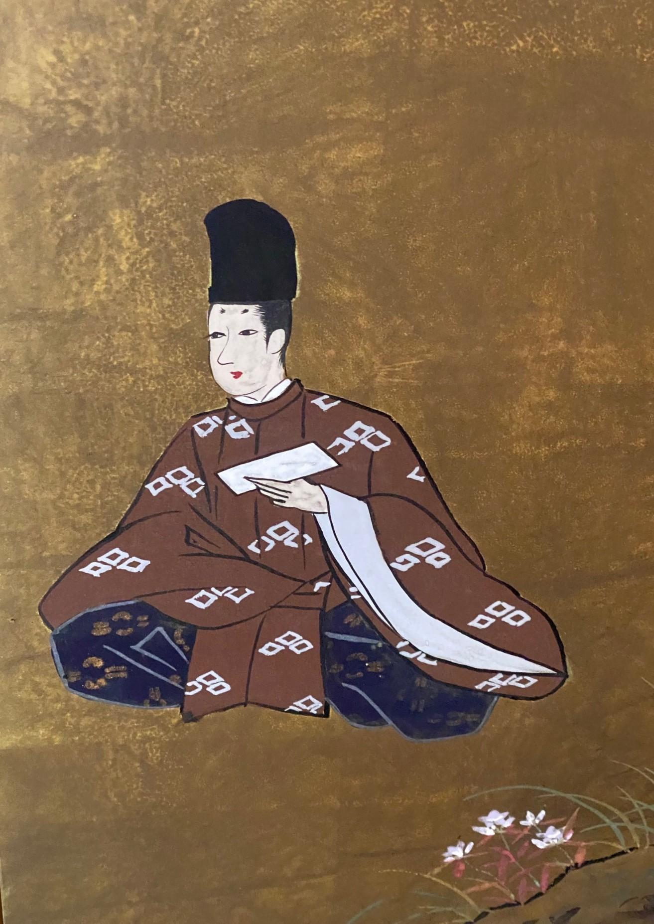 Foglia d’oro Japanese Asian Signed Four-Panel Folding Byobu Showa Screen Tales of the Genji in vendita