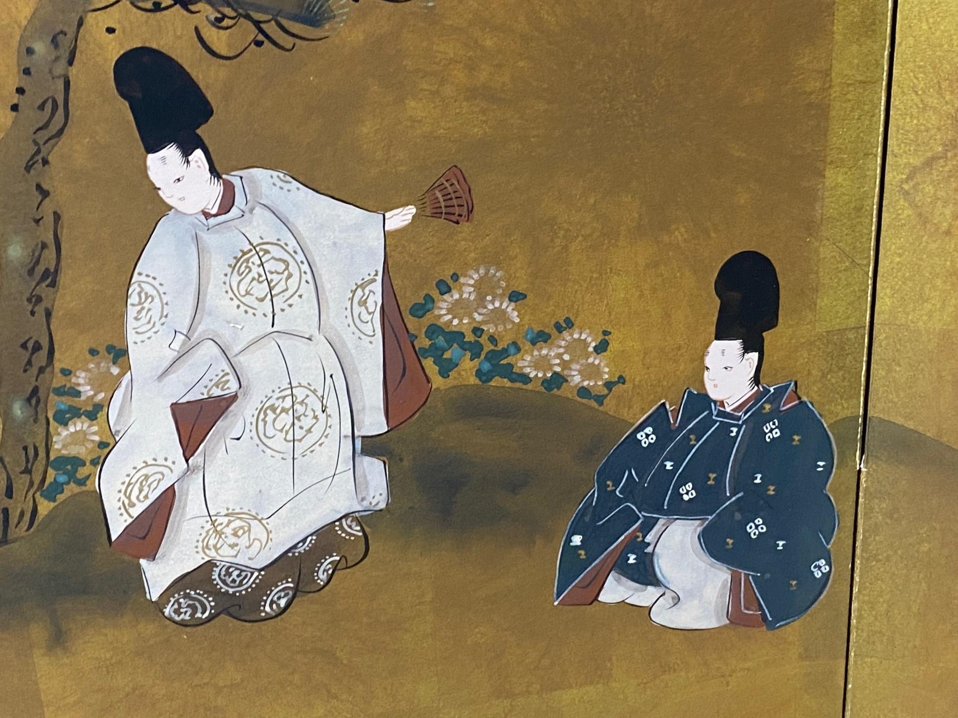 Biombo japonés asiático firmado Byobu Showa de cuatro paneles plegables Cuentos del Genji en venta 1