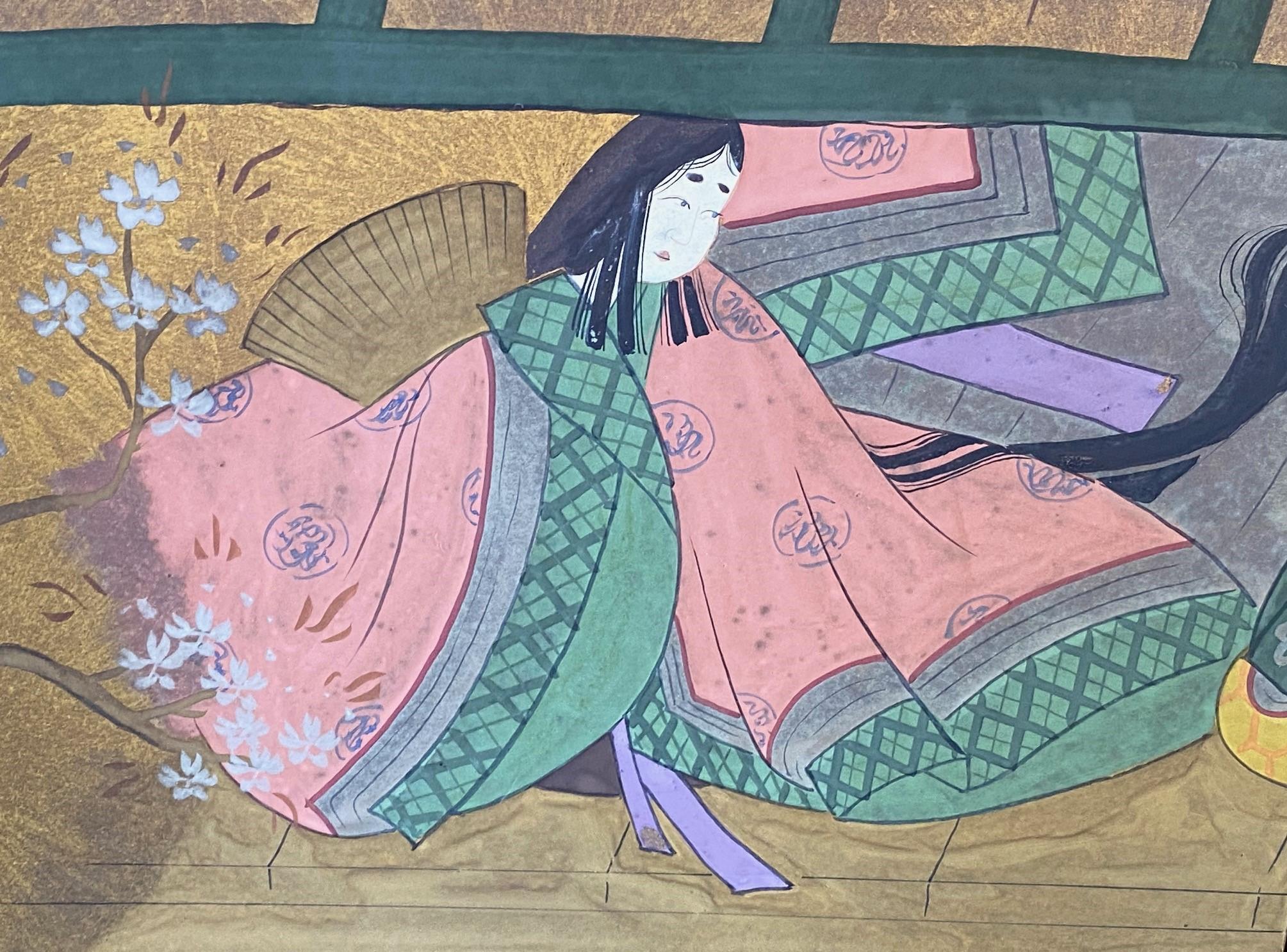 Japanese Asian Signed Four-Panel Folding Byobu Showa Screen Tales of the Genji For Sale 2