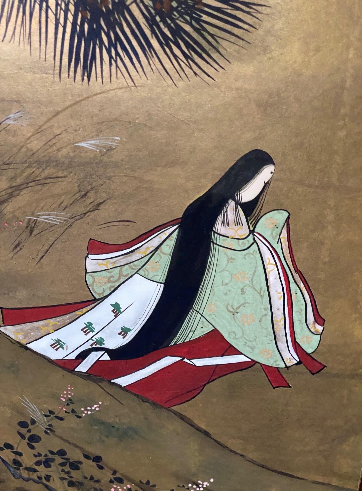Japanese Asian Signed Four-Panel Folding Byobu Showa Screen Tales of the Genji in vendita 1