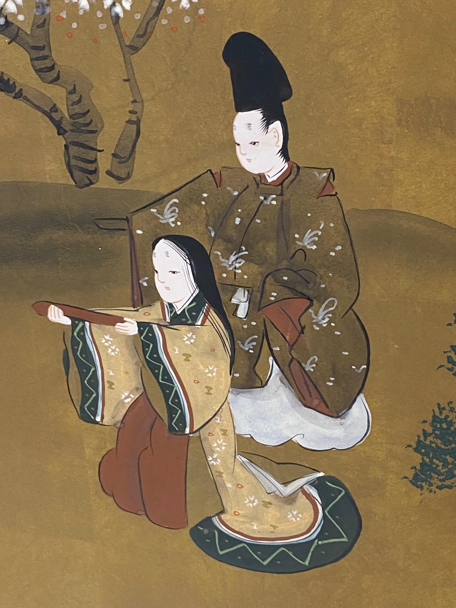 Biombo japonés asiático firmado Byobu Showa de cuatro paneles plegables Cuentos del Genji en venta 2