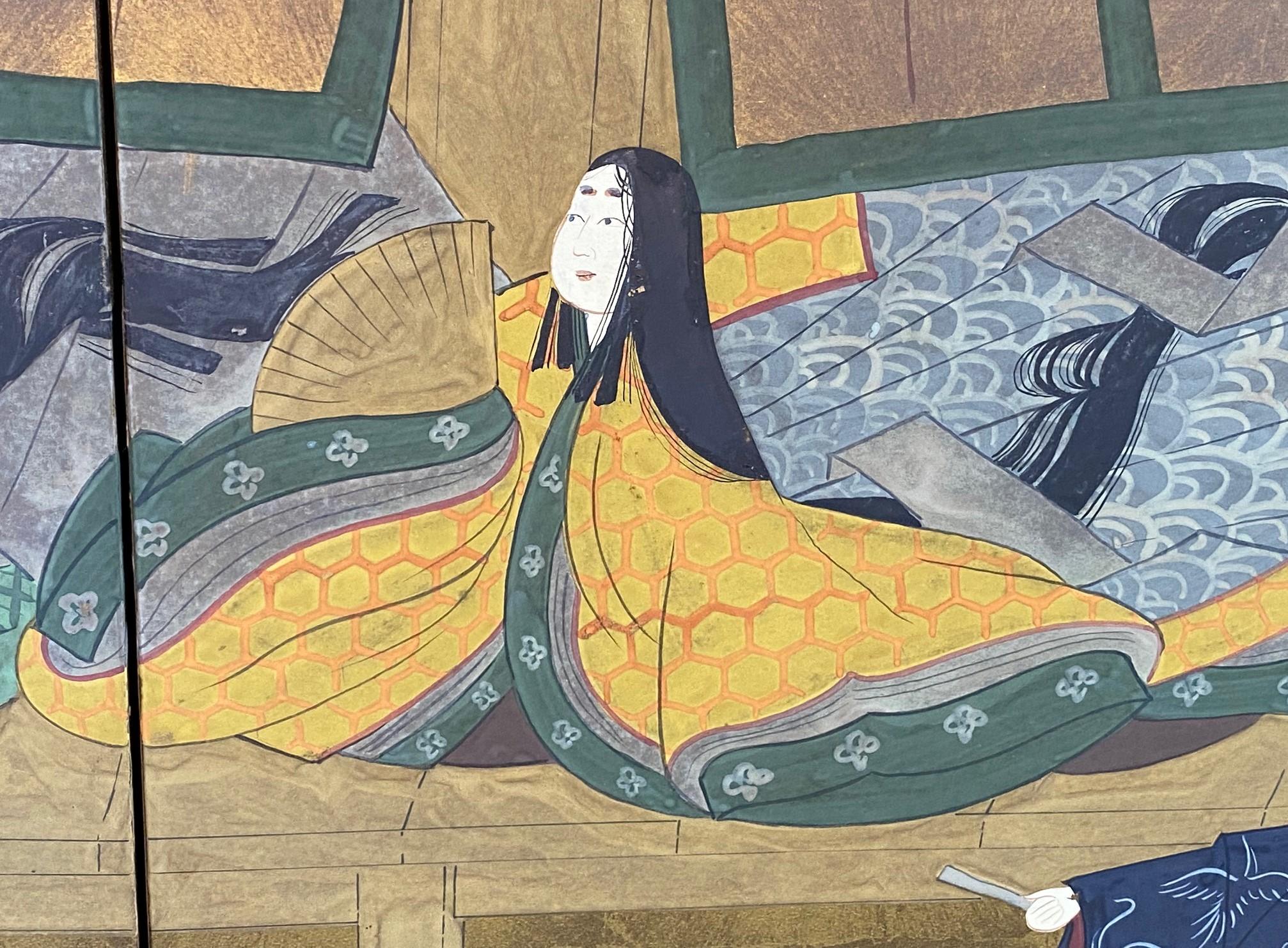 Japanese Asian Signed Four-Panel Folding Byobu Showa Screen Tales of the Genji For Sale 3