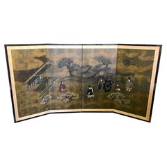 Japanese Asian Signed Four-Panel Folding Byobu Showa Screen Tales of the Genji