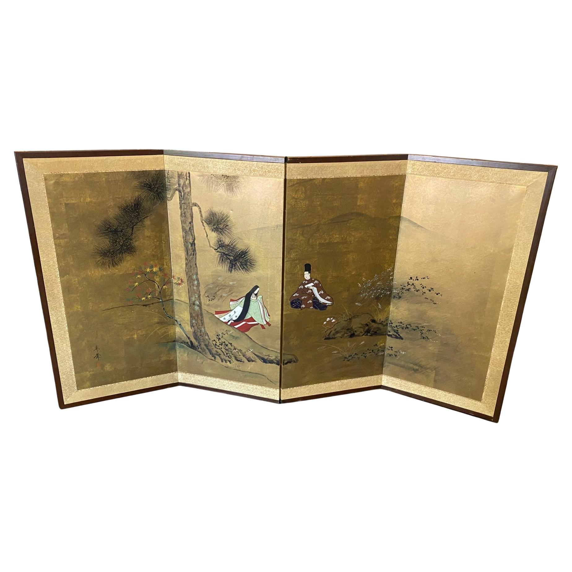 Japanese Asian Signed Four-Panel Folding Byobu Showa Screen Tales of the Genji