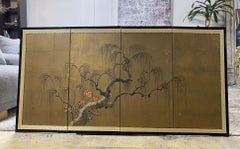 Japanese Asian Signed Four-Panel Folding Byobu Showa Screen Weeping Willow Tree