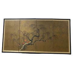 Japanese Asian Signed Four-Panel Folding Byobu Showa Screen Weeping Willow Tree