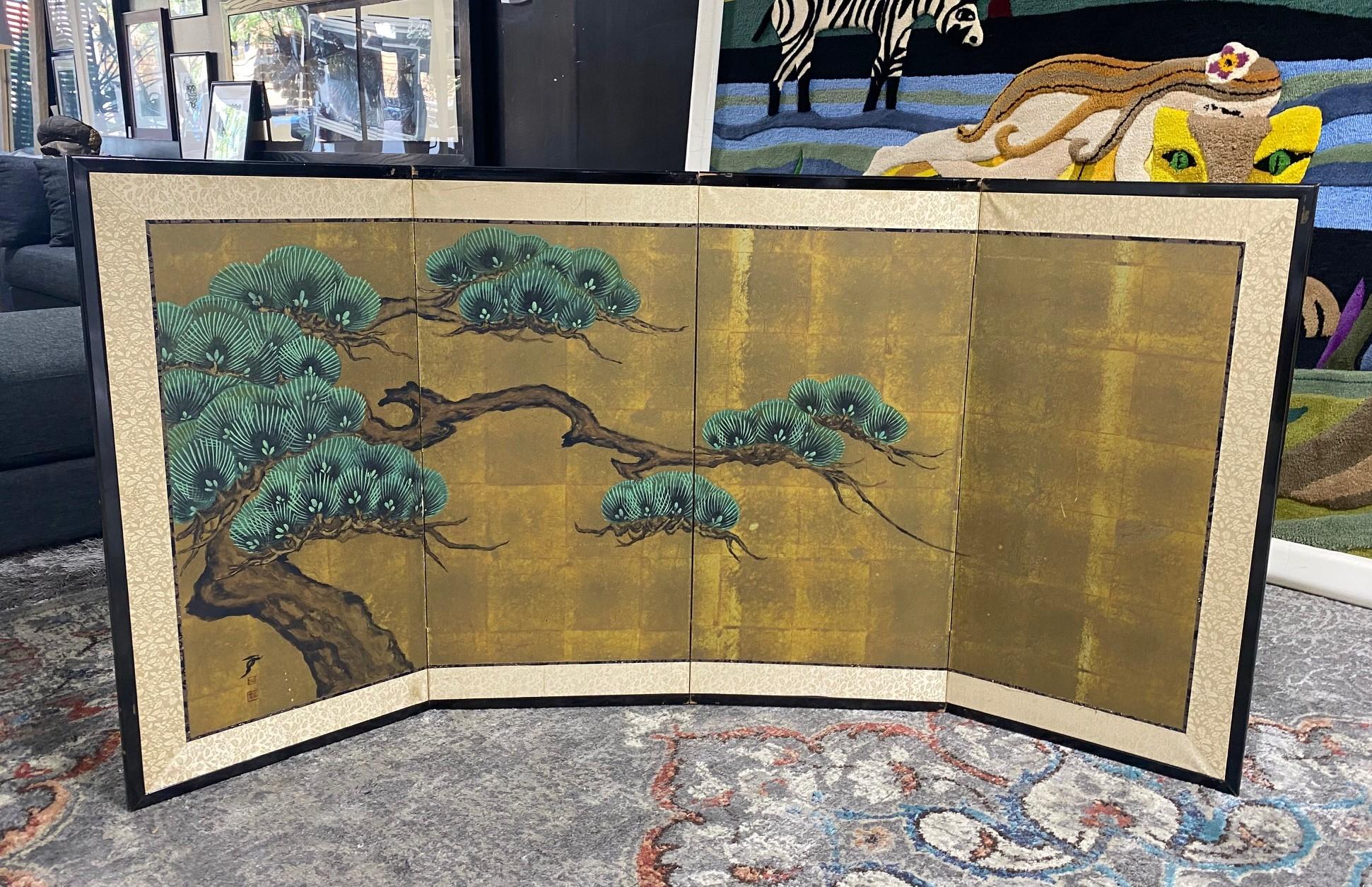 Japanese Asian Signed Four-Panel Folding Byobu Showa Venerable Pine Tree Screen 9