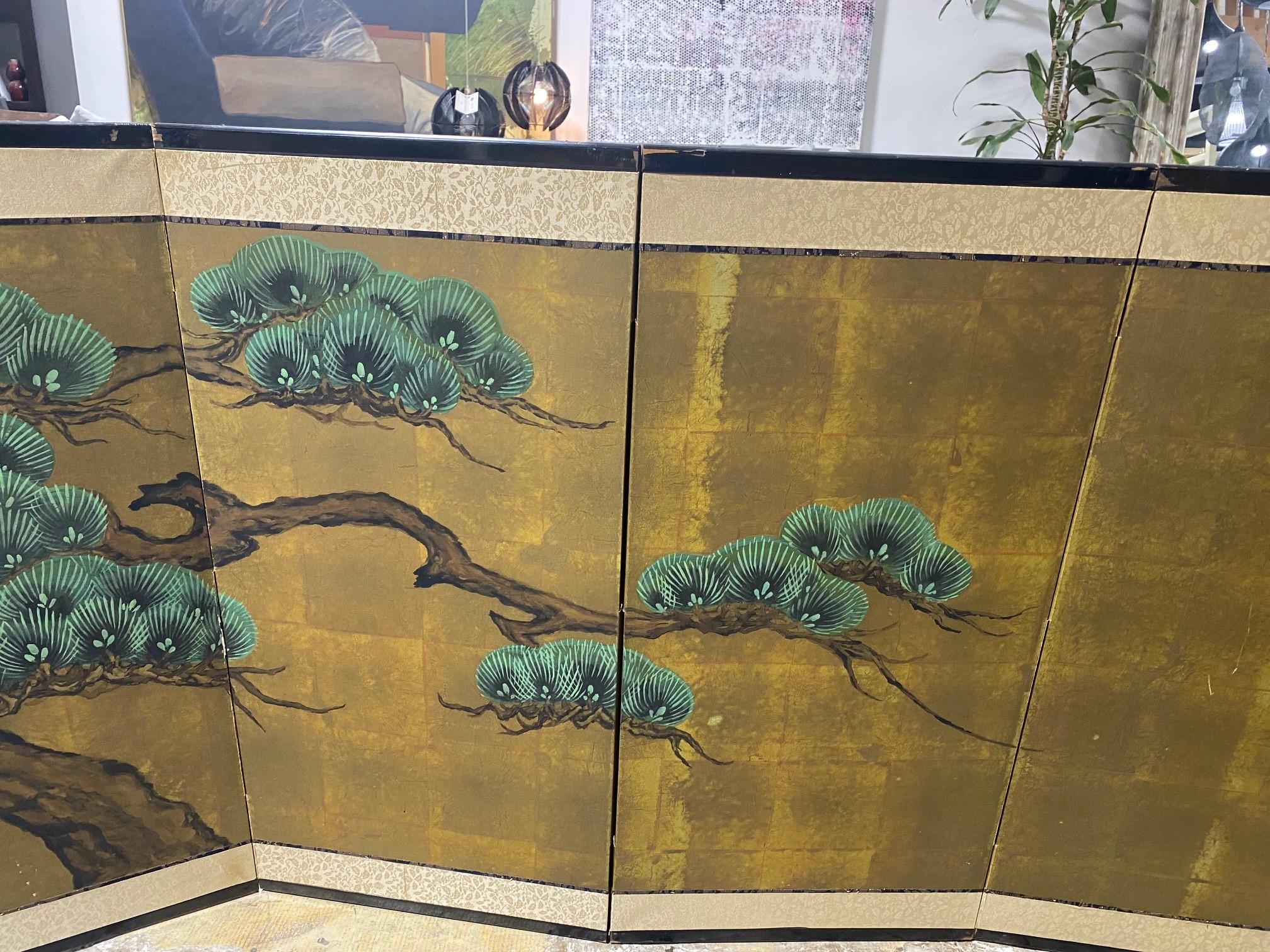 Hand-Painted Japanese Asian Signed Four-Panel Folding Byobu Showa Venerable Pine Tree Screen