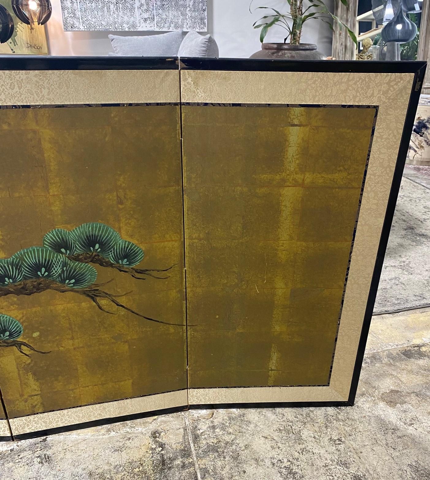 Japanese Asian Signed Four-Panel Folding Byobu Showa Venerable Pine Tree Screen In Good Condition In Studio City, CA
