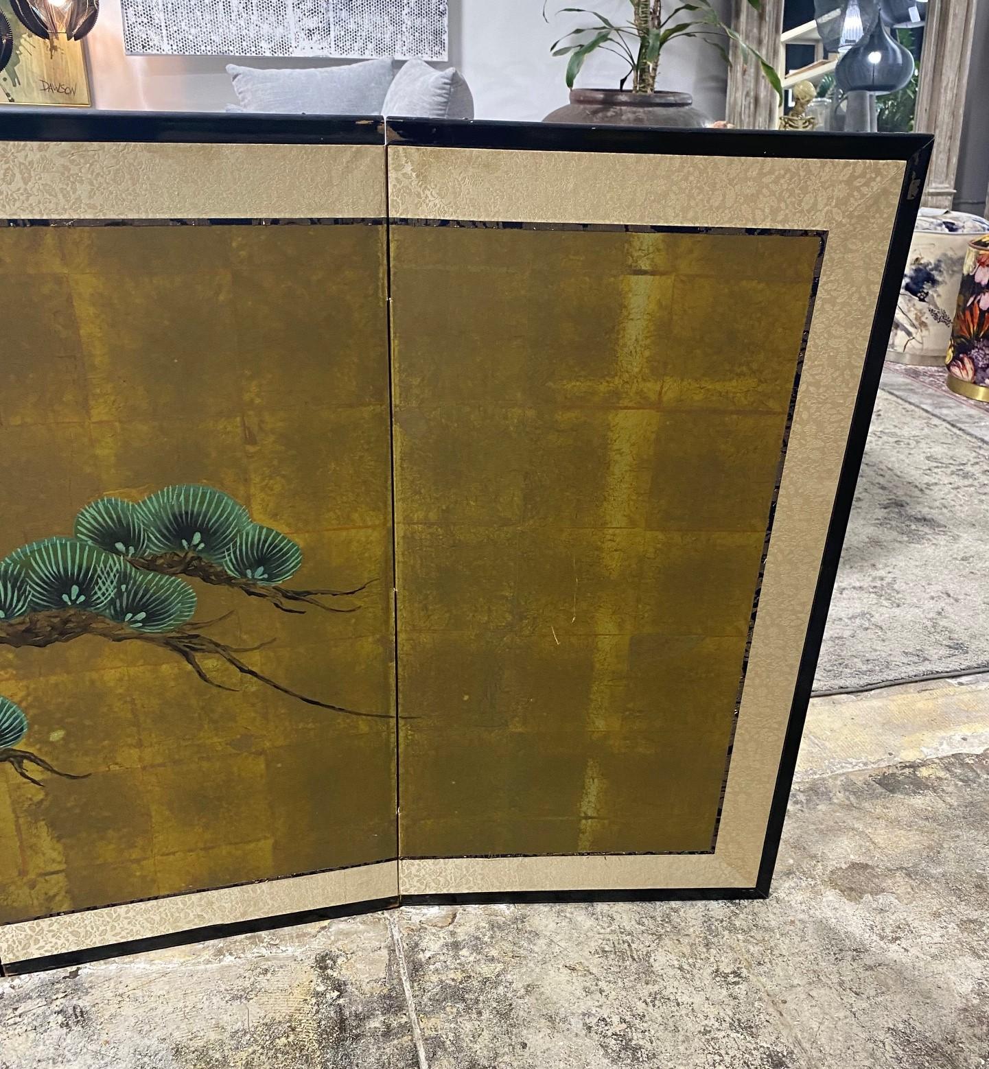 20th Century Japanese Asian Signed Four-Panel Folding Byobu Showa Venerable Pine Tree Screen