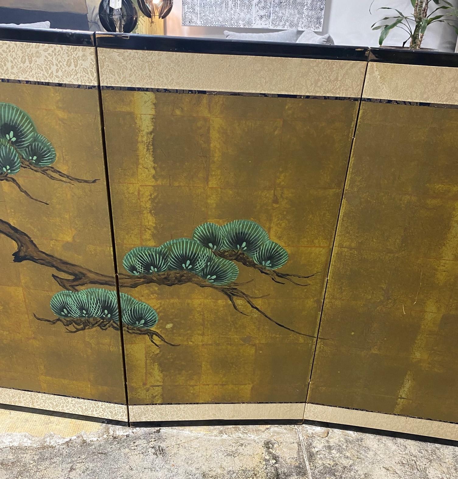 Gold Leaf Japanese Asian Signed Four-Panel Folding Byobu Showa Venerable Pine Tree Screen