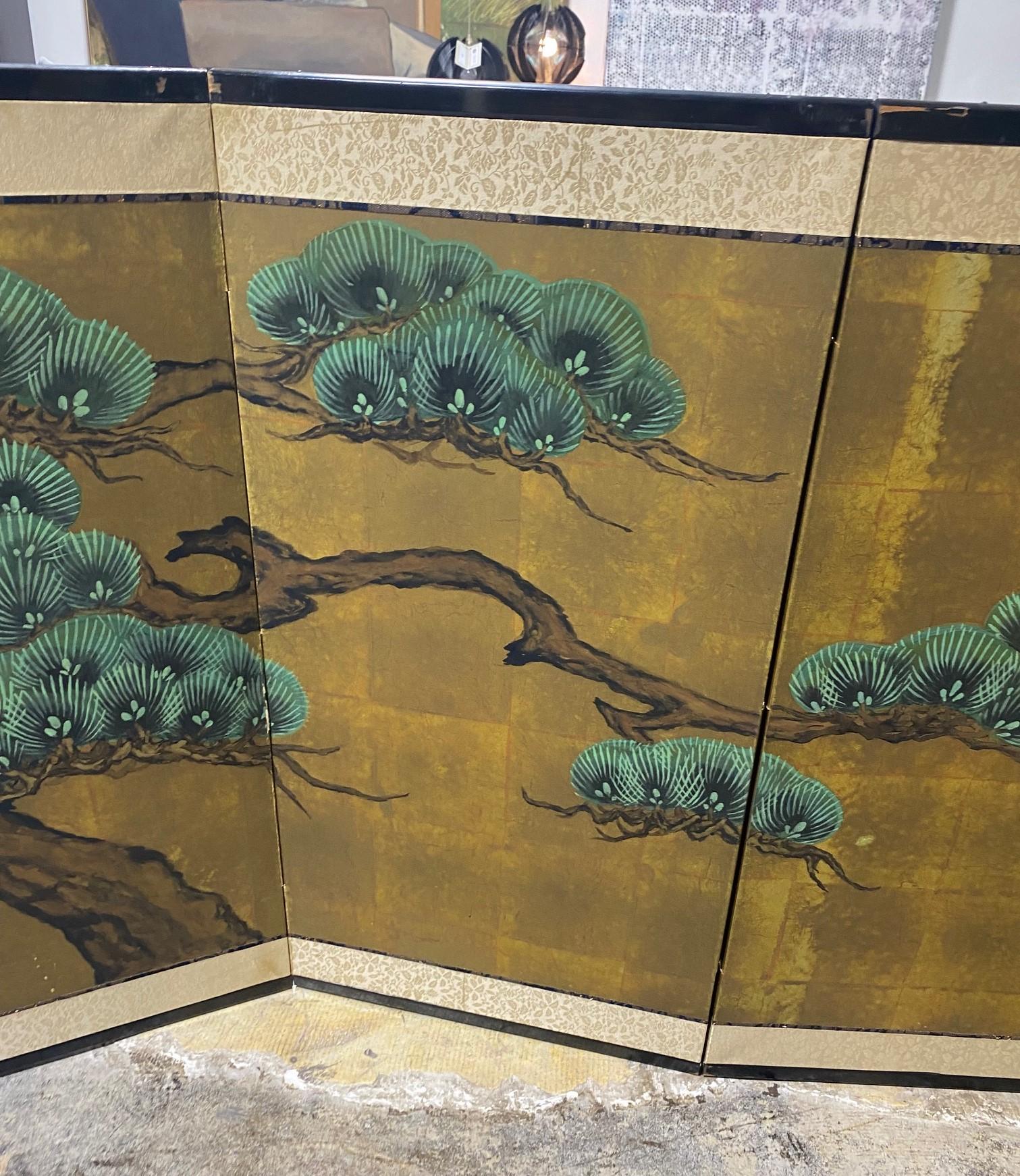 Japanese Asian Signed Four-Panel Folding Byobu Showa Venerable Pine Tree Screen 1