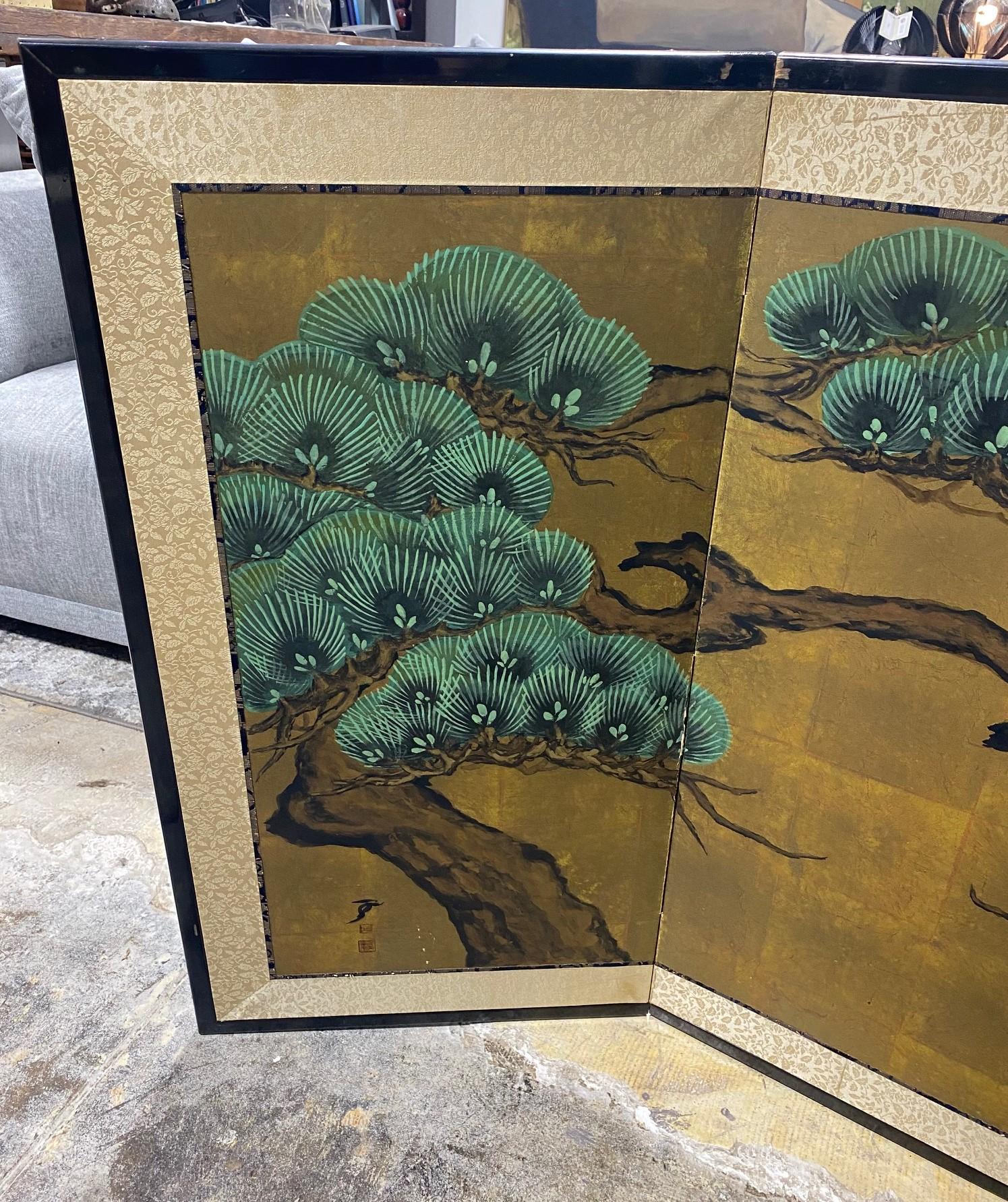 Japanese Asian Signed Four-Panel Folding Byobu Showa Venerable Pine Tree Screen 2
