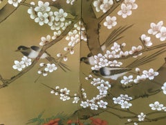 Japanese Asian Signed Four-Panel Showa Folding Byobu Screen Playful Birds