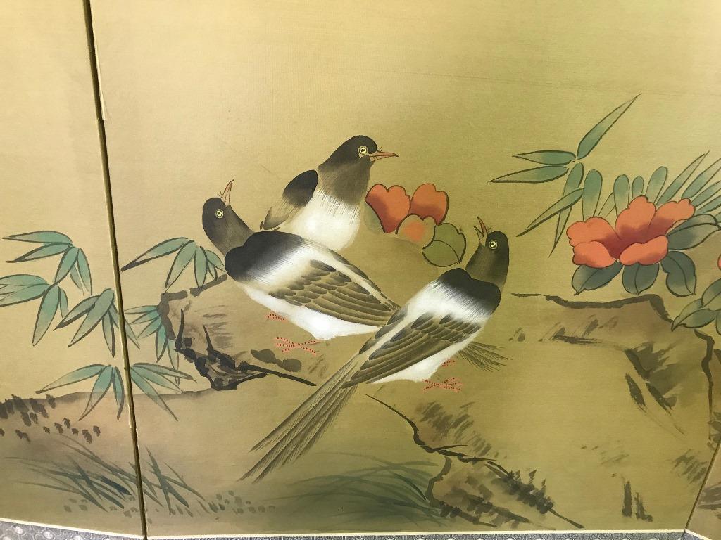 Hand-Painted Japanese Asian Signed Four-Panel Showa Folding Byobu Screen Playful Birds