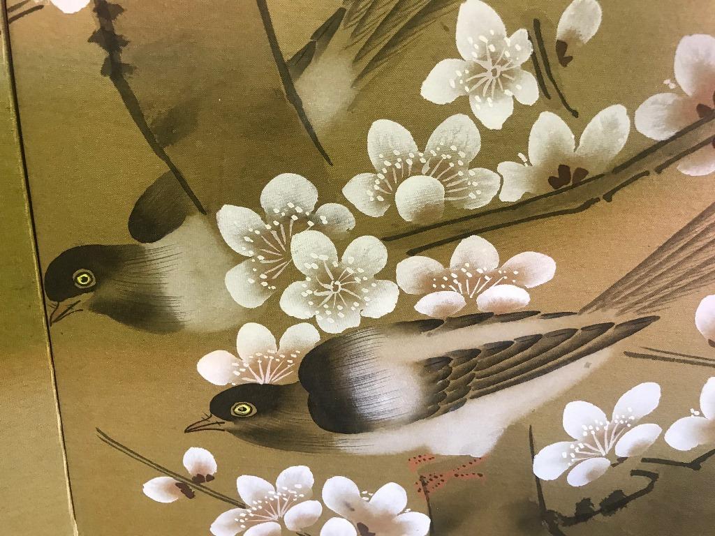 Japanese Asian Signed Four-Panel Showa Folding Byobu Screen Playful Birds In Good Condition In Studio City, CA