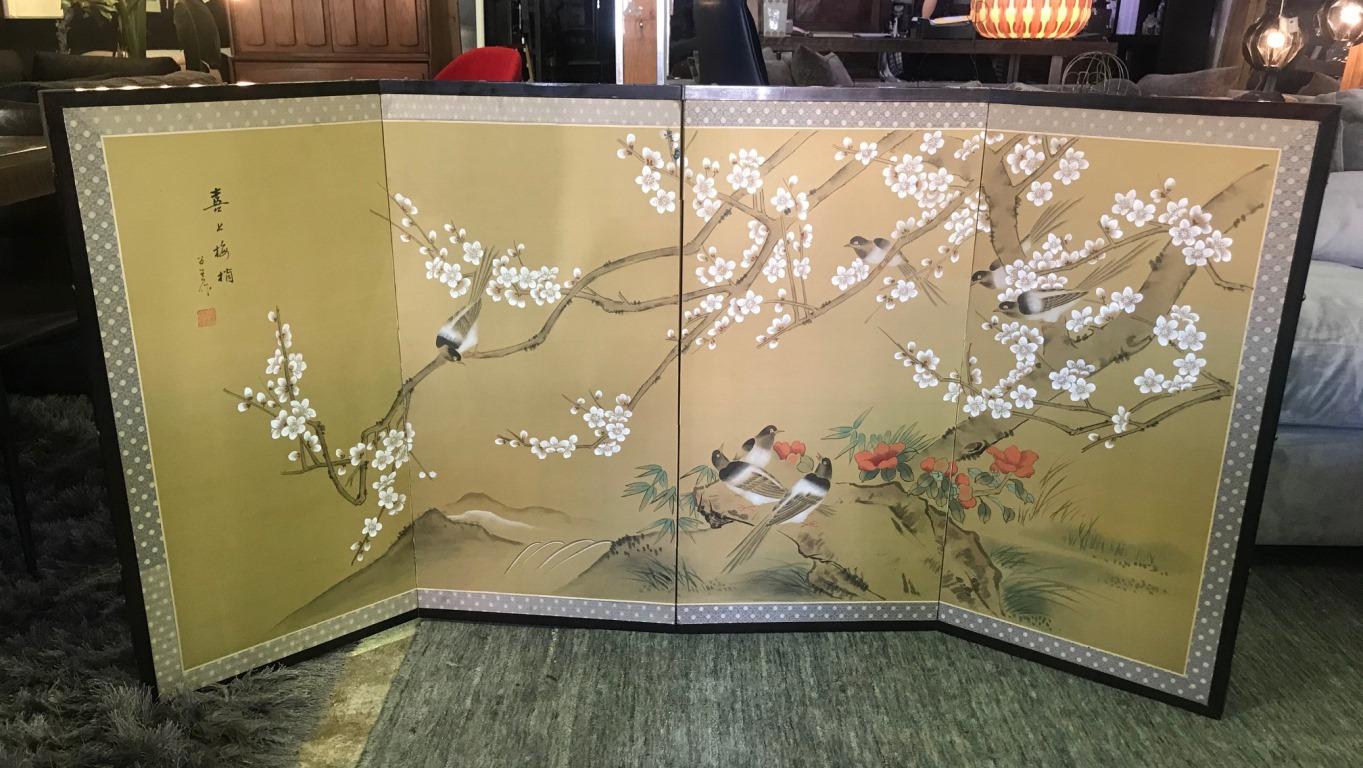 Japanese Asian Signed Four-Panel Showa Folding Byobu Screen Playful Birds 3