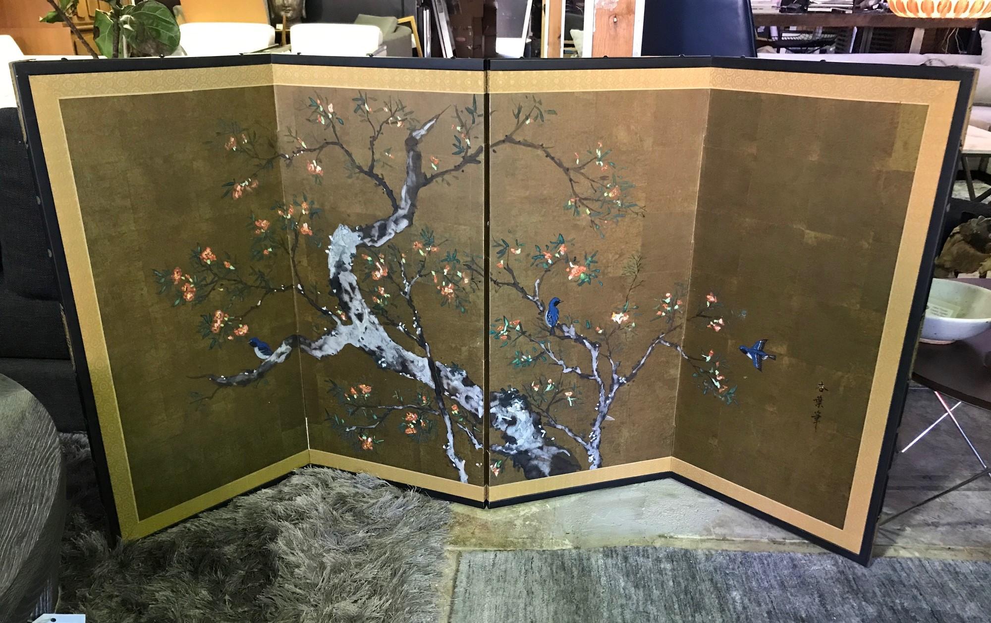Japanese Asian Signed Four-Panel Showa Folding Byobu Screen Playful Birds Tree 3