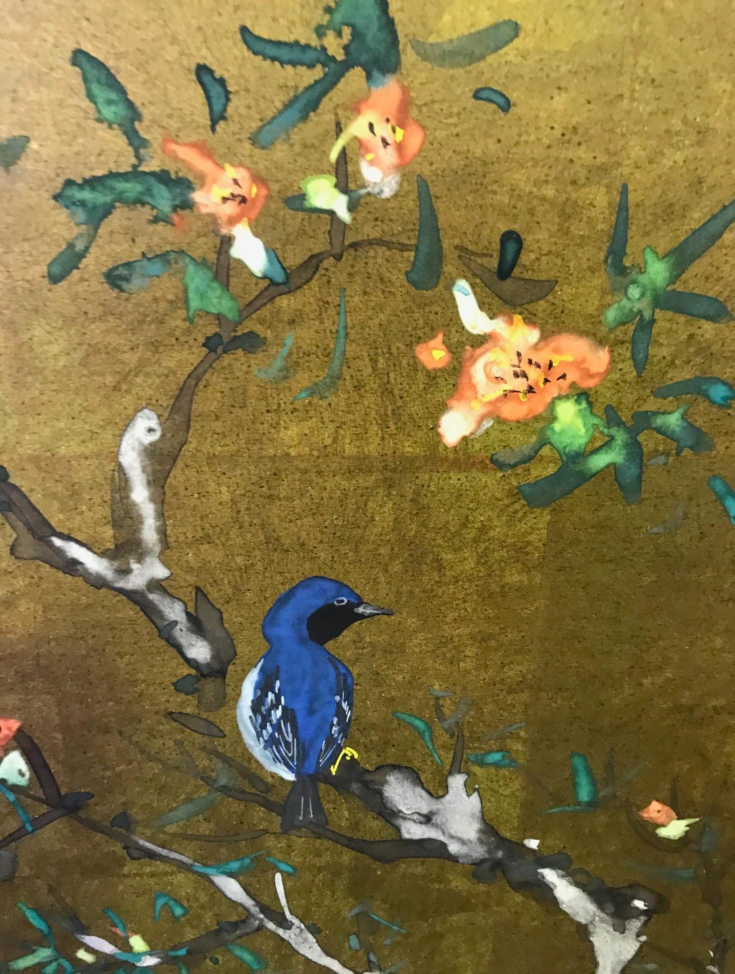 Hand-Painted Japanese Asian Signed Four-Panel Showa Folding Byobu Screen Playful Birds Tree