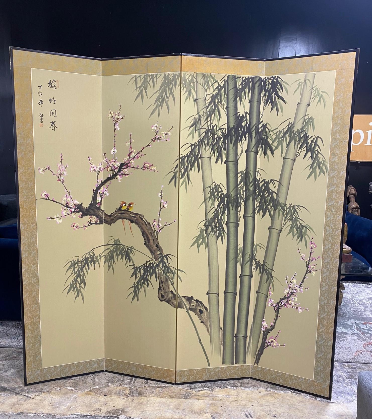 Japanese Asian Signed Large Four-Panel Byobu Screen Bamboo Cherry Blossoms Birds For Sale 11