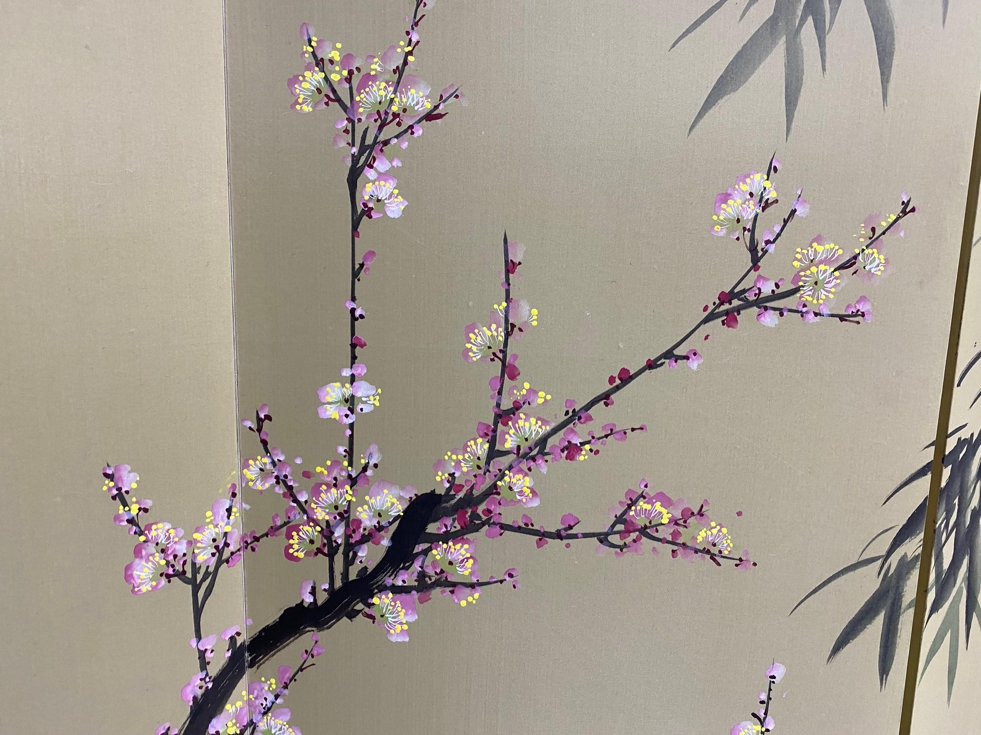 Japanese Asian Signed Large Four-Panel Byobu Screen Bamboo Cherry Blossoms Birds In Good Condition For Sale In Studio City, CA