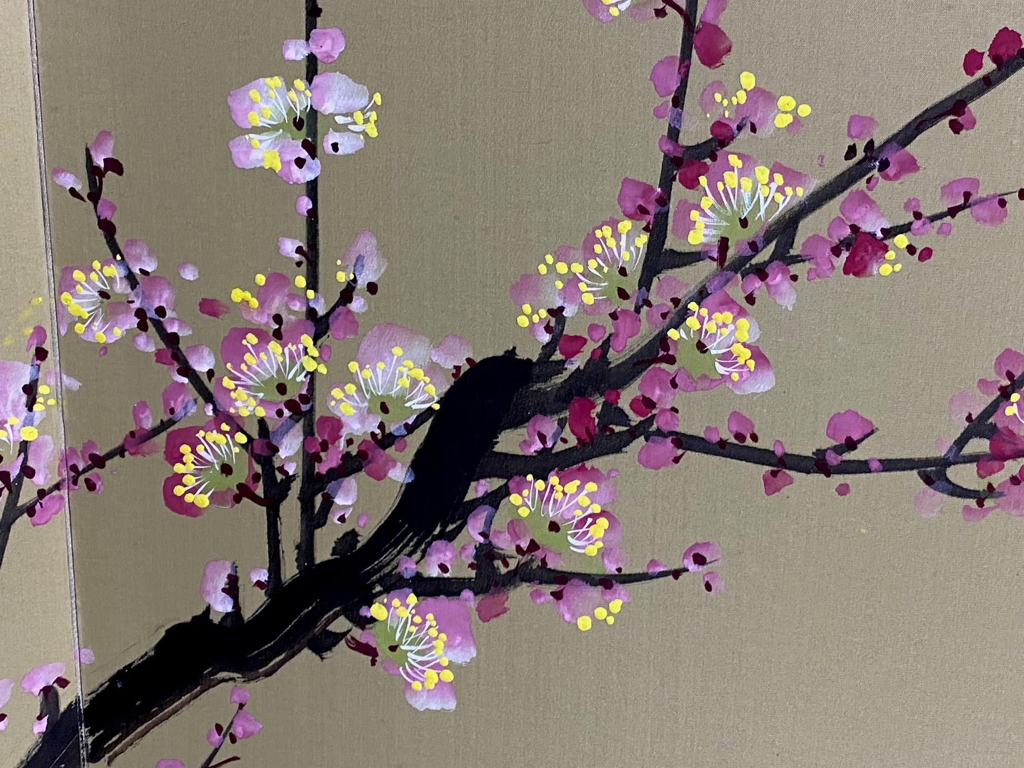 20th Century Japanese Asian Signed Large Four-Panel Byobu Screen Bamboo Cherry Blossoms Birds For Sale