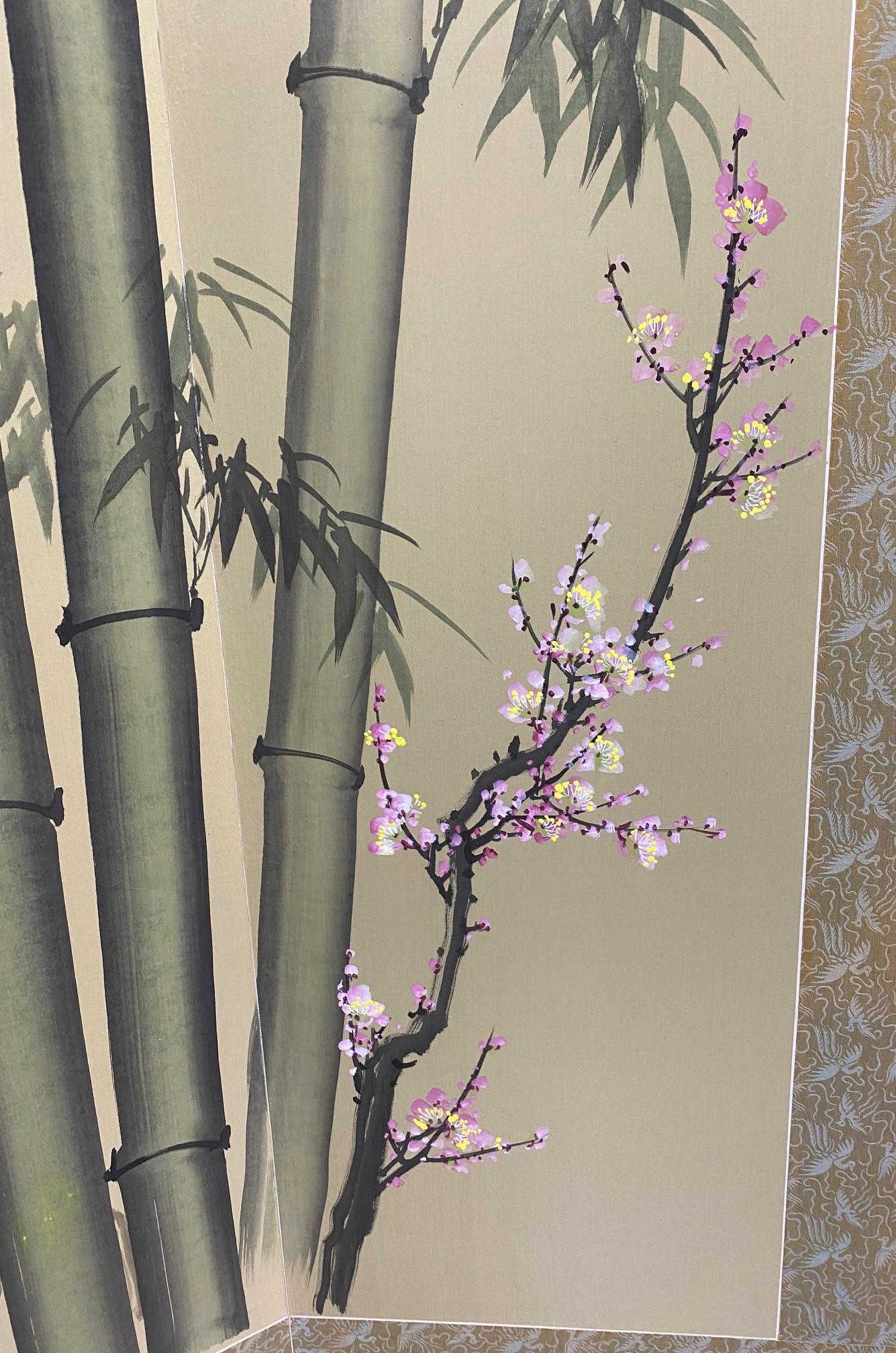 Silk Japanese Asian Signed Large Four-Panel Byobu Screen Bamboo Cherry Blossoms Birds For Sale