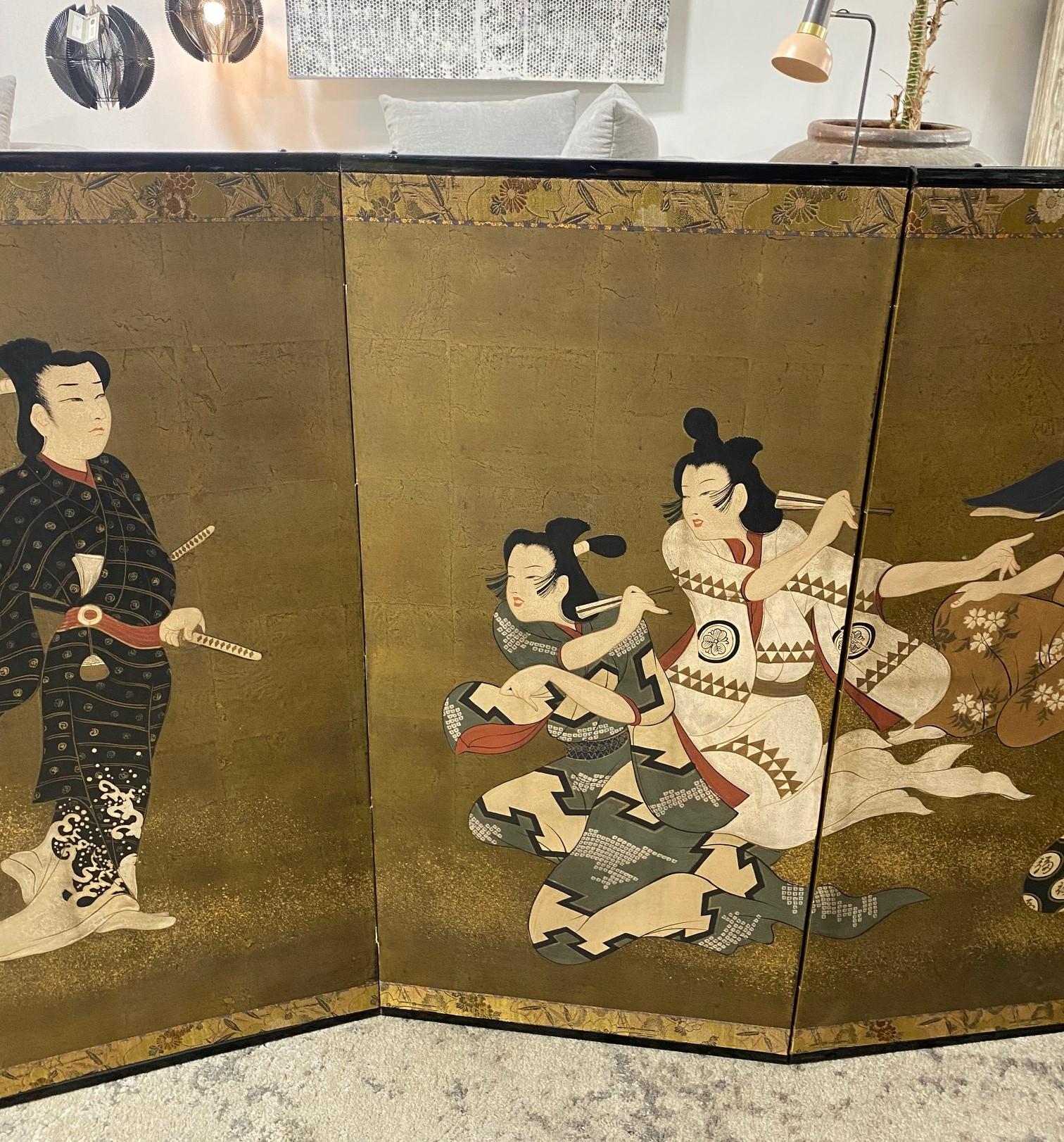 Hand-Painted Japanese Asian Signed Six-Panel Folding Byobu Screen Androgynous Court Scene For Sale