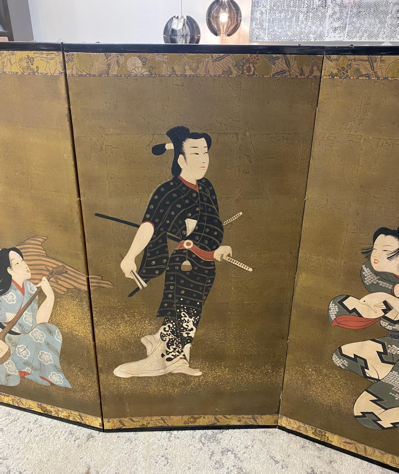 Japanese Asian Signed Six-Panel Folding Byobu Screen Androgynous Court Scene In Good Condition For Sale In Studio City, CA