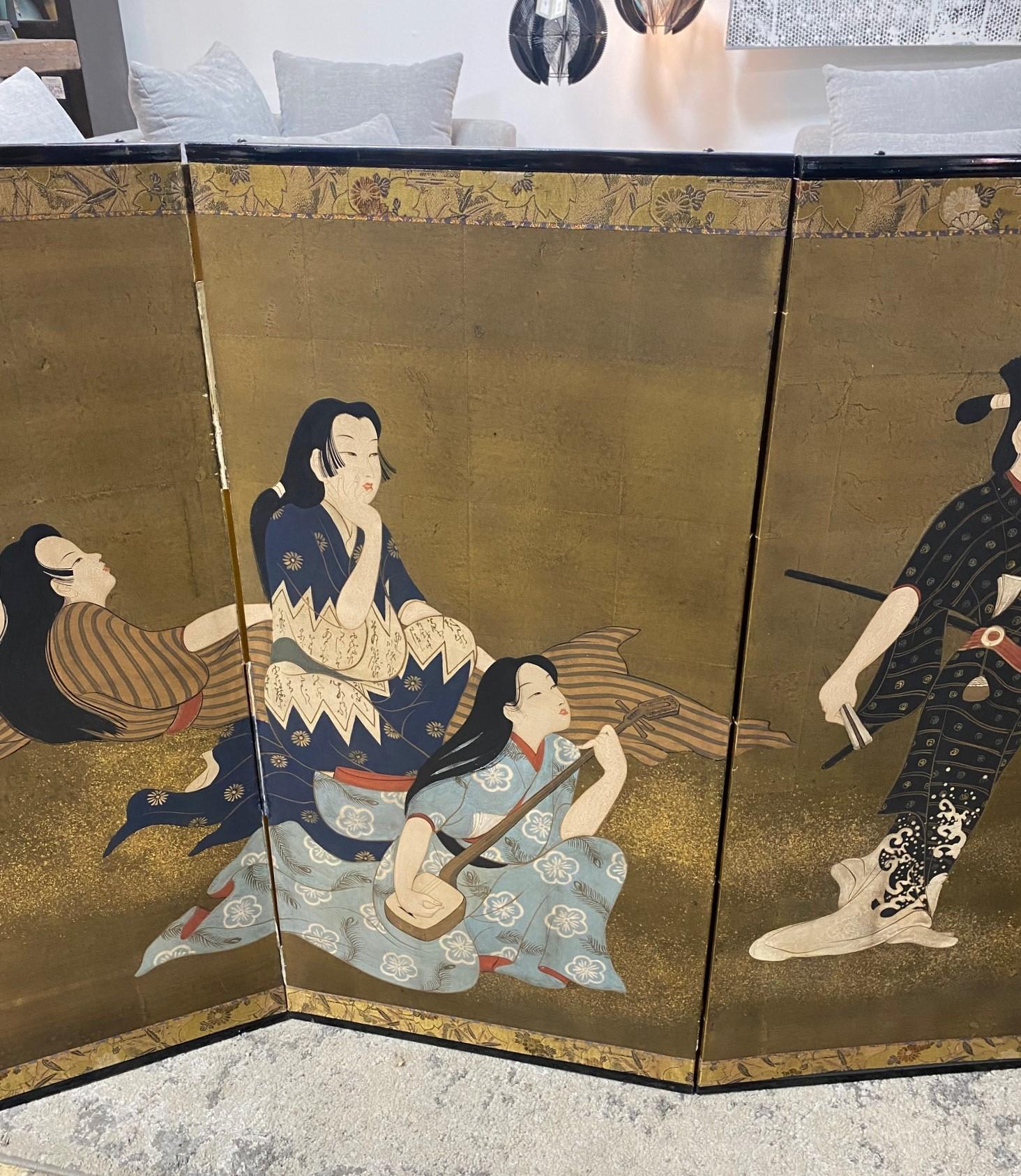 20ième siècle Paravent japonais asiatique pliant à six panneaux signé en forme de cour d'Androgynous en vente