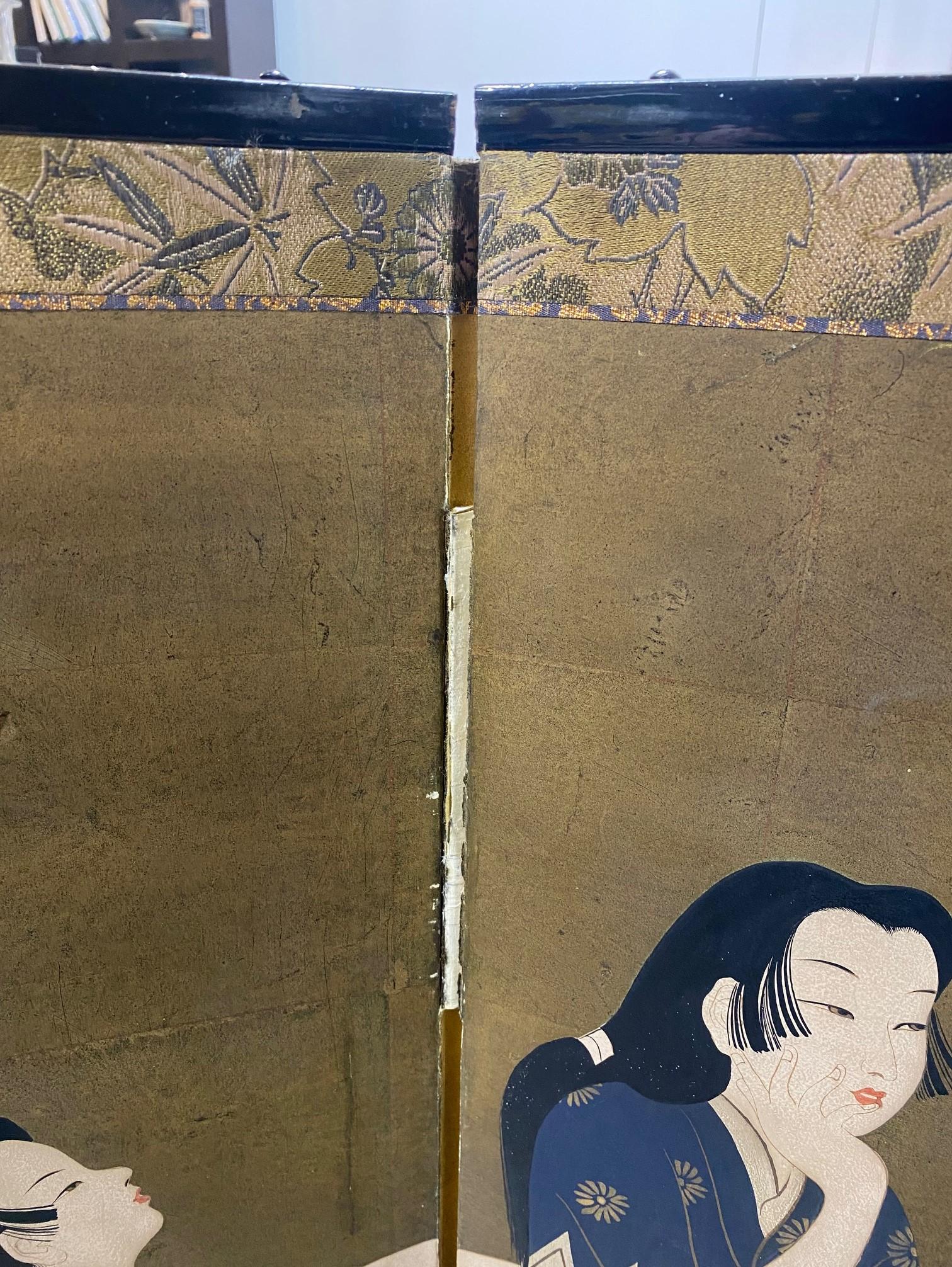 Japanese Asian Signed Six-Panel Folding Byobu Screen Androgynous Court Scene For Sale 1