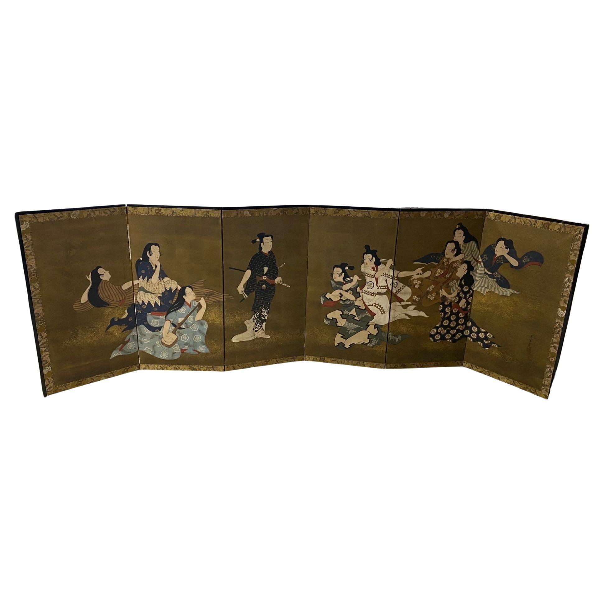 Japanese Asian Signed Six-Panel Folding Byobu Screen Androgynous Court Scene For Sale
