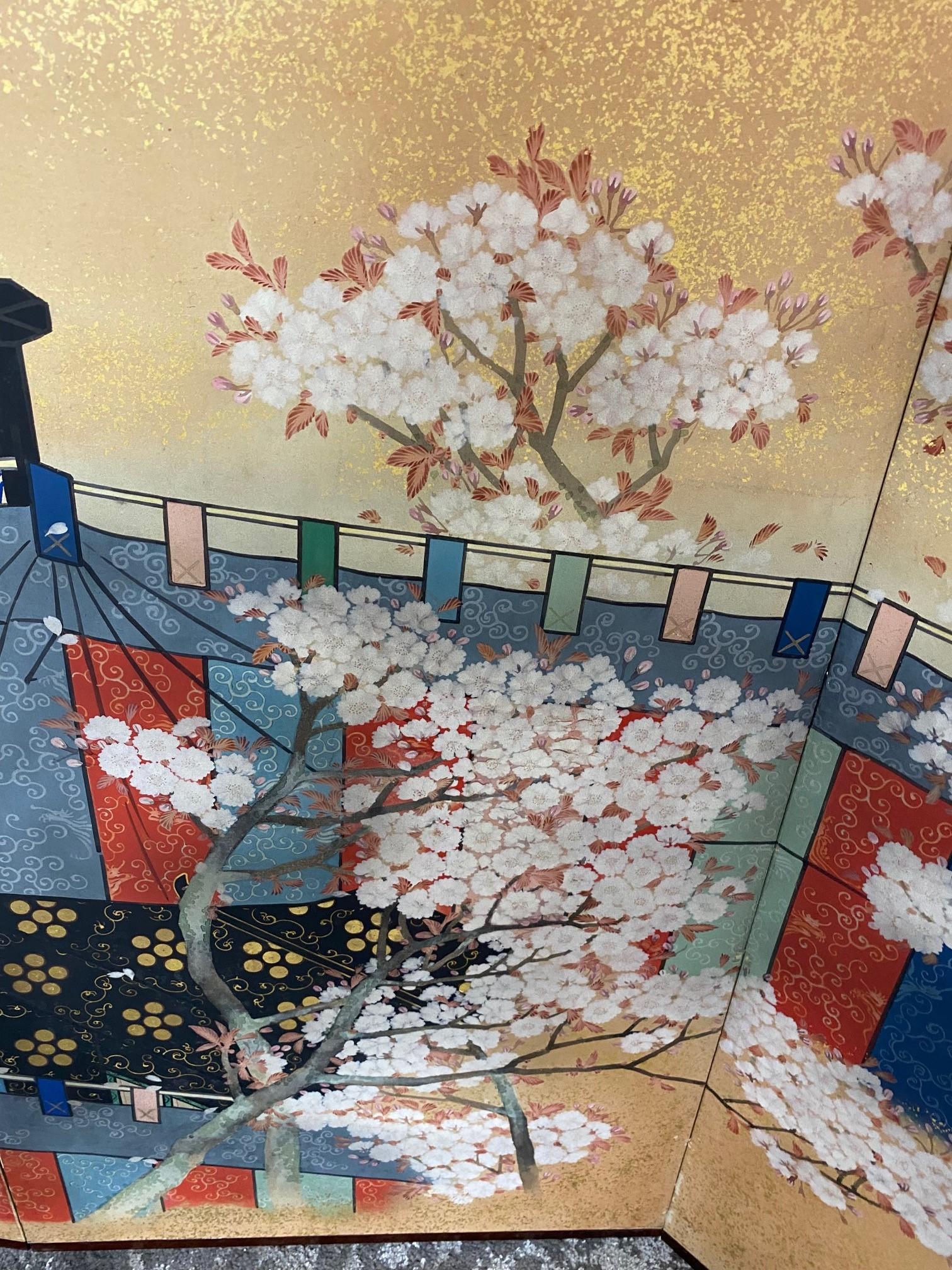 Japanese Asian Signed Six-Panel Folding Byobu Screen Cherry Blossom Pavillion 3