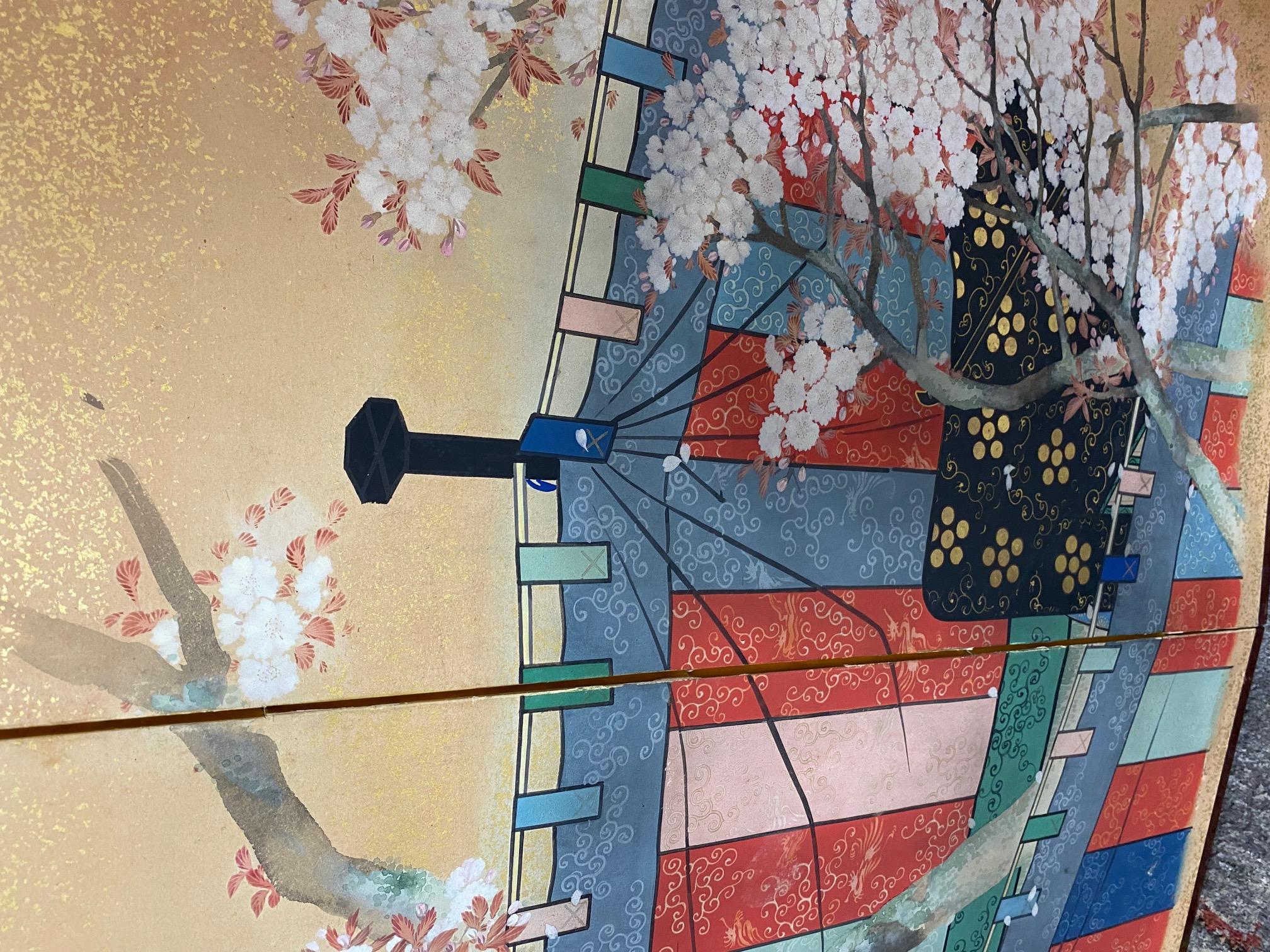 Japanese Asian Signed Six-Panel Folding Byobu Screen Cherry Blossom Pavillion 4
