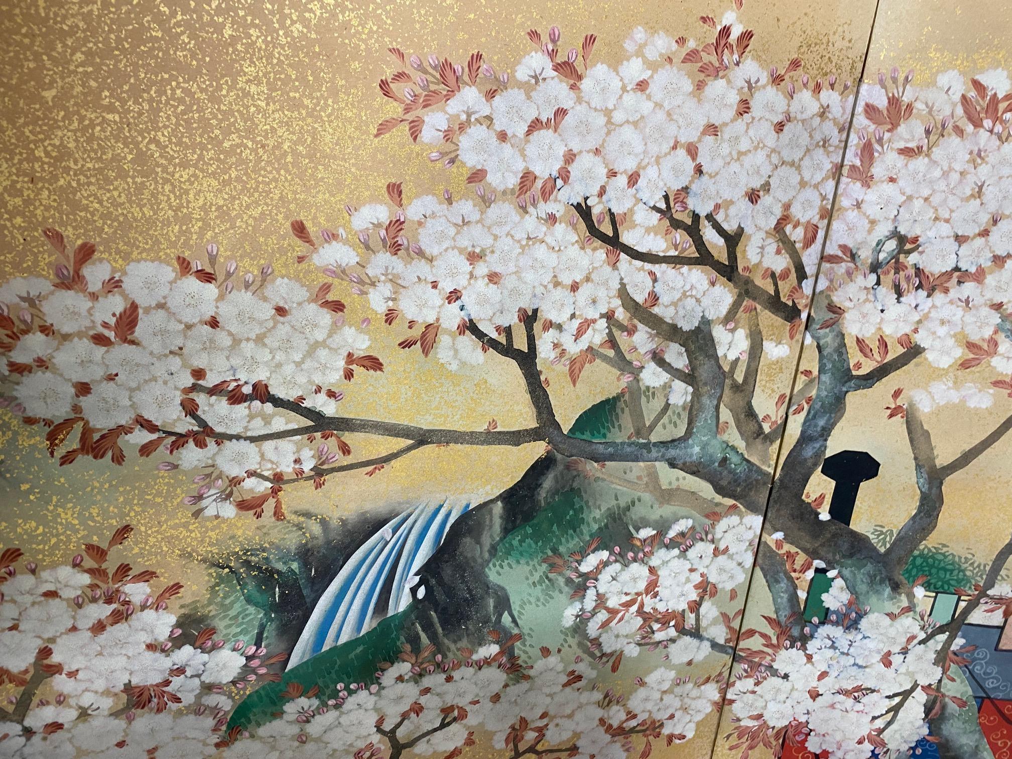 Japanese Asian Signed Six-Panel Folding Byobu Screen Cherry Blossom Pavillion 5