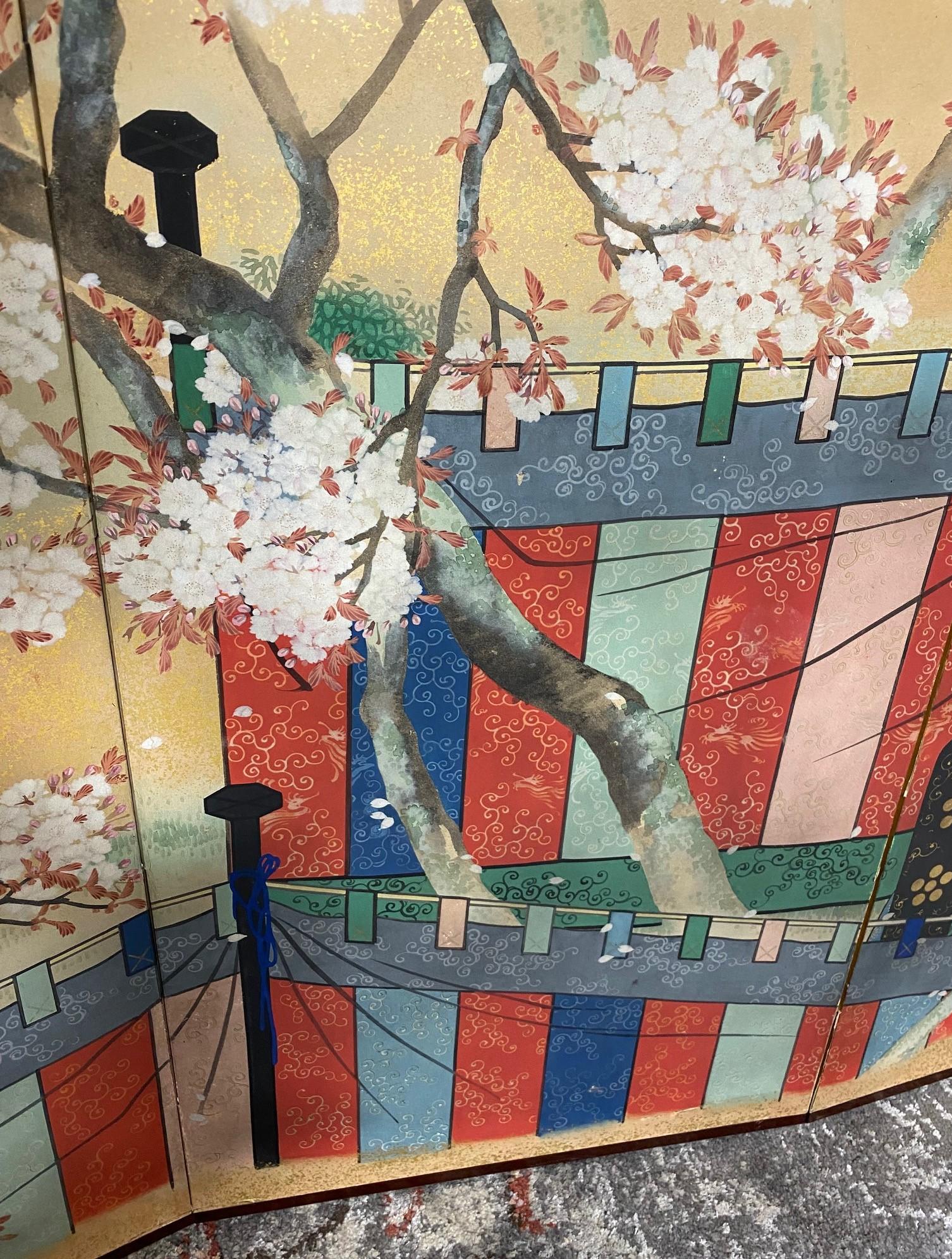 Japanese Asian Signed Six-Panel Folding Byobu Screen Cherry Blossom Pavillion 6