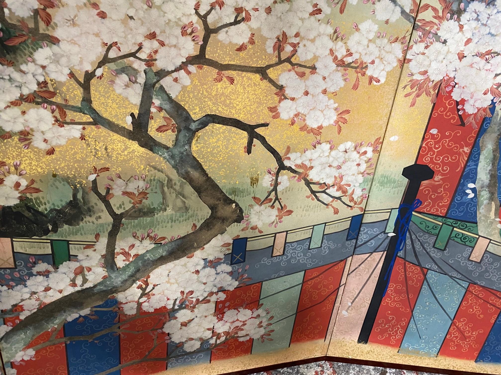 Japanese Asian Signed Six-Panel Folding Byobu Screen Cherry Blossom Pavillion 7